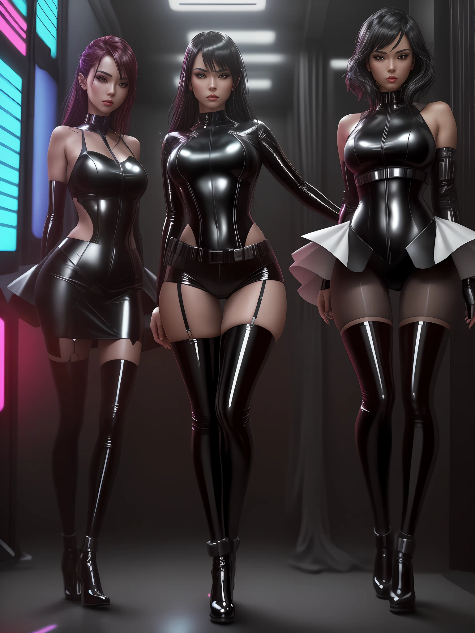 Three women dressed in latex costumes pose for a group photo in the room, seductive cyberpunk dark fantasy, latex outfit, wlop glossy skin, Full body CGsociety, black-white skintight robes!, cgsociety inspired, Trends in CG society, trends in art station, 3 D rendering character art 8 K, rendered in sfm, CGsociety masterpiece