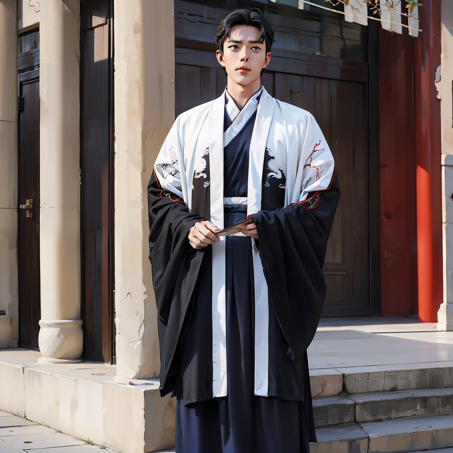 vanishing point, wide shot，best qualtiy，tmasterpiece，A high resolution，Ancient Chinese Boys，Traditional hairstyle，full bodyesbian，facing to audience，shoun，Handsome face，Detailed hands，Complete hands，realisticlying，softlighting，high high quality，A high resolution, 4k, Background bokeh