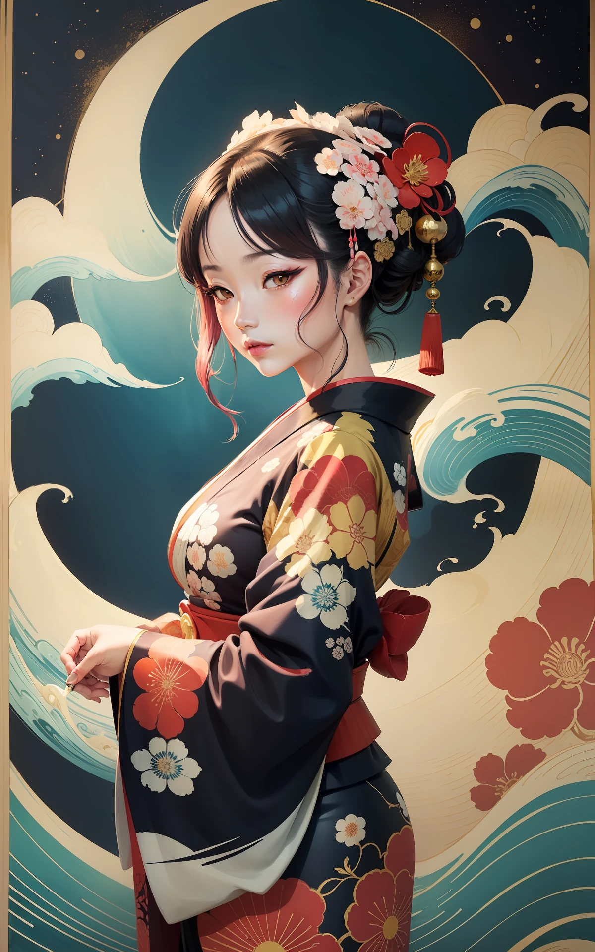 ukiyoe painting、ink and watercolor painting、vivid color、flowingwater、Flowing clouds、rising sun、kabuki、Beautiful woman in kimono、kimono、Katsushika Hokusai、Gorgeous、gold foil