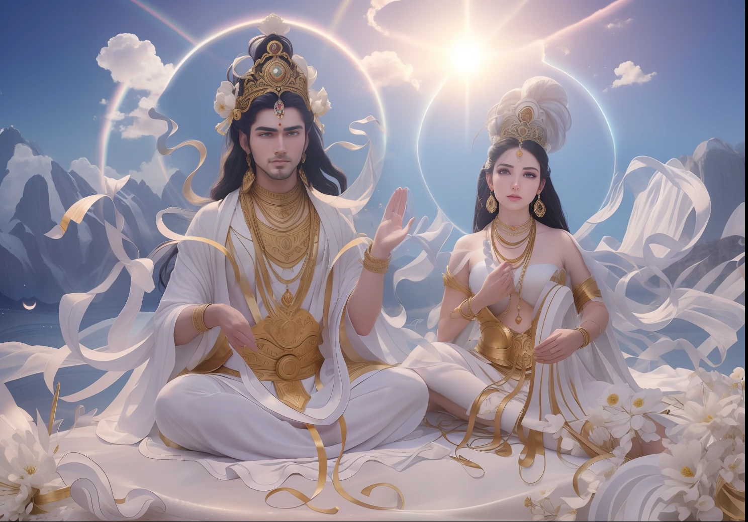 There are two people in the void，((((The man on the left)))，Long beard，Very handsome，large tall，Good looking，（Man image）,（((Male pectoral muscles)))，Handsome looks，Boys in white，Men's hands（Dervishes），（There are flowers in the bowl），Next to the man，(((There is a beautiful goddess)))，Young teenage girl，Goddess in white，Black hair，largeeyes，Bushy hair，long eyelasher，long eyebrow，Beautiful eyes sparkle，二重まぶた，Plump and rosy lips，Fair skin is delicate and smooth，Radiant skin，A delicate and ornate crown，inlaid gemstones，choker necklace，Yingluo，Fair and delicate skin，bangle，ankle bracelets，Sitting on a platform in the air，Hold the sphere with one hand，Spread the other hand out of the palm of your hand，white skinned，（（Correct body structure）），White tulle garment，baiyun，Blue sky，flowing clouds，fresh flowers，（nice hand），（Good feet），（good legs），realisticlying，white skinned，no-bra，Streamers，Blowing in the wind，Kim In-ro belt，Silk skirt fluttering，（（Correct body structure）），decorated in white，with blue sky and white clouds，Clean skies，Head background with round light，Behind the man is a faint rainbow circle，Behind the woman is a faint rainbow circle，Front lighting，No shadows on the face，Unreal space，ethereal world，dreamworld，tmasterpiece，4K，ultra-definition，professional photoshooting，