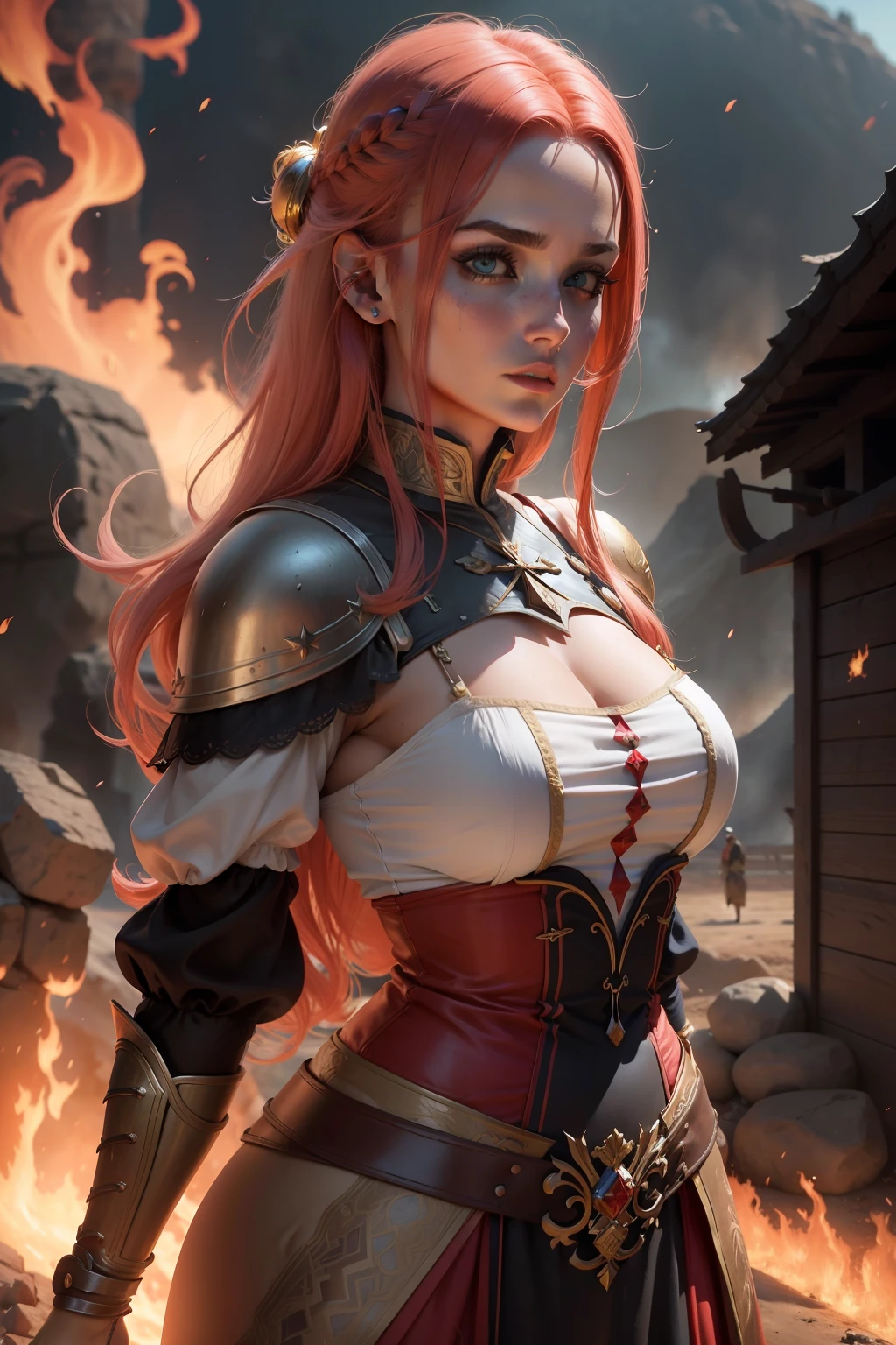 uma mulher de pele branca com cabelos vermelhos e olhos castanhos. Ela tem um vestido bege dos tempos medievais. De frente para um grande incendio. Rosto perfeito. Realista, cinematografic, 8k