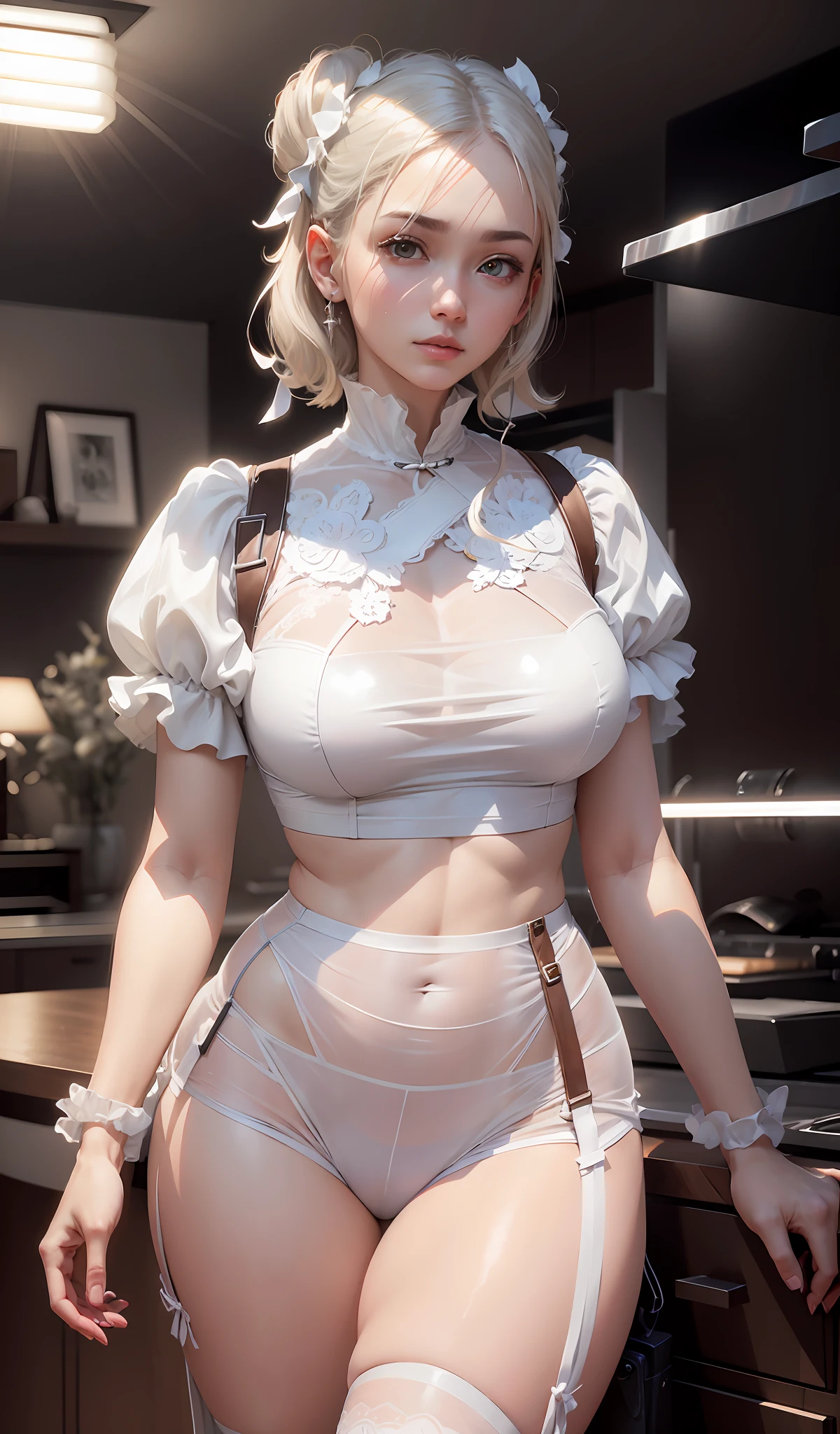 ((best qualtiy)), ((tmasterpiece)), (the detail:1.4), 3D,Front fill light,hdr(HighDynamicRange),Ray traching,NVIDIA RTX,Hyper-Resolution,Unreal 5,Subsurface scattering、PBR Texture、post-proces、Anisotropy Filtering、depth of fields、maximum definition and sharpness、Many-Layer Textures、Albedo e mapas Speculares、Surface coloring、Accurate simulation of light-material interactions、perfectly proportions、rendering by octane、Two-colored light、largeaperture、Low ISO、White balance、the rule of thirds、8K raw data、Raised translucent top, Smaller top, Smaller white lace shorts, Raised, Mature feminization, Flattering eyes, White lace translucent top,Flat naked abdomen, Snow-white thighs, White lace stockings, Bare arms, Mature charm Deep V open collar