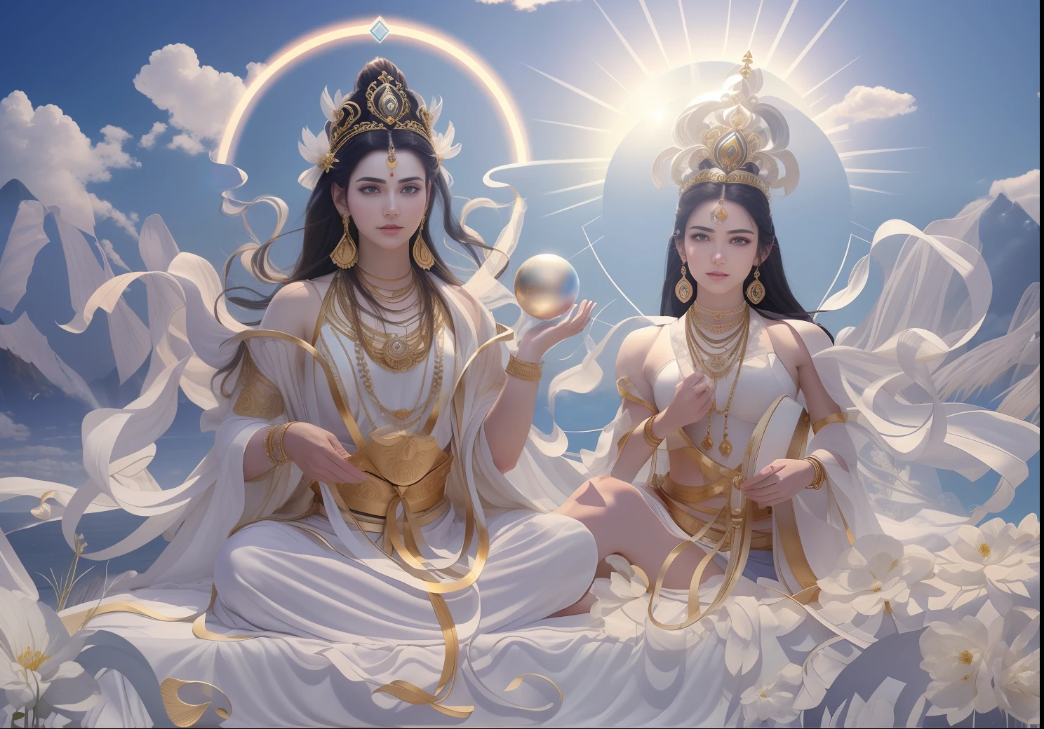 There are two people in the void，((((The man on the left)))，Long beard，Very handsome，large tall，Good looking，（Man image）,（((Male pectoral muscles)))，Handsome looks，Boys in white，Men's hands（Dervishes），（There are flowers in the bowl），Next to the man，(((There is a beautiful goddess)))，Young teenage girl，Goddess in white，Black hair，largeeyes，Bushy hair，long eyelasher，long eyebrow，Beautiful eyes sparkle，二重まぶた，Plump and rosy lips，Fair skin is delicate and smooth，Radiant skin，A delicate and ornate crown，inlaid gemstones，choker necklace，Yingluo，Fair and delicate skin，bangle，ankle bracelets，Sitting on a platform in the air，Hold the sphere with one hand，Spread the other hand out of the palm of your hand，white skinned，（（Correct body structure）），White tulle garment，baiyun，Blue sky，flowing clouds，fresh flowers，（nice hand），（Good feet），（good legs），realisticlying，white skinned，no-bra，Streamers，Blowing in the wind，Kim In-ro belt，Silk skirt fluttering，（（Correct body structure）），decorated in white，with blue sky and white clouds，Clean skies，Head background with round light，Behind the man is a faint rainbow circle，Behind the woman is a faint rainbow circle，Front lighting，No shadows on the face，Unreal space，ethereal world，dreamworld，tmasterpiece，4K，ultra-definition，professional photoshooting，