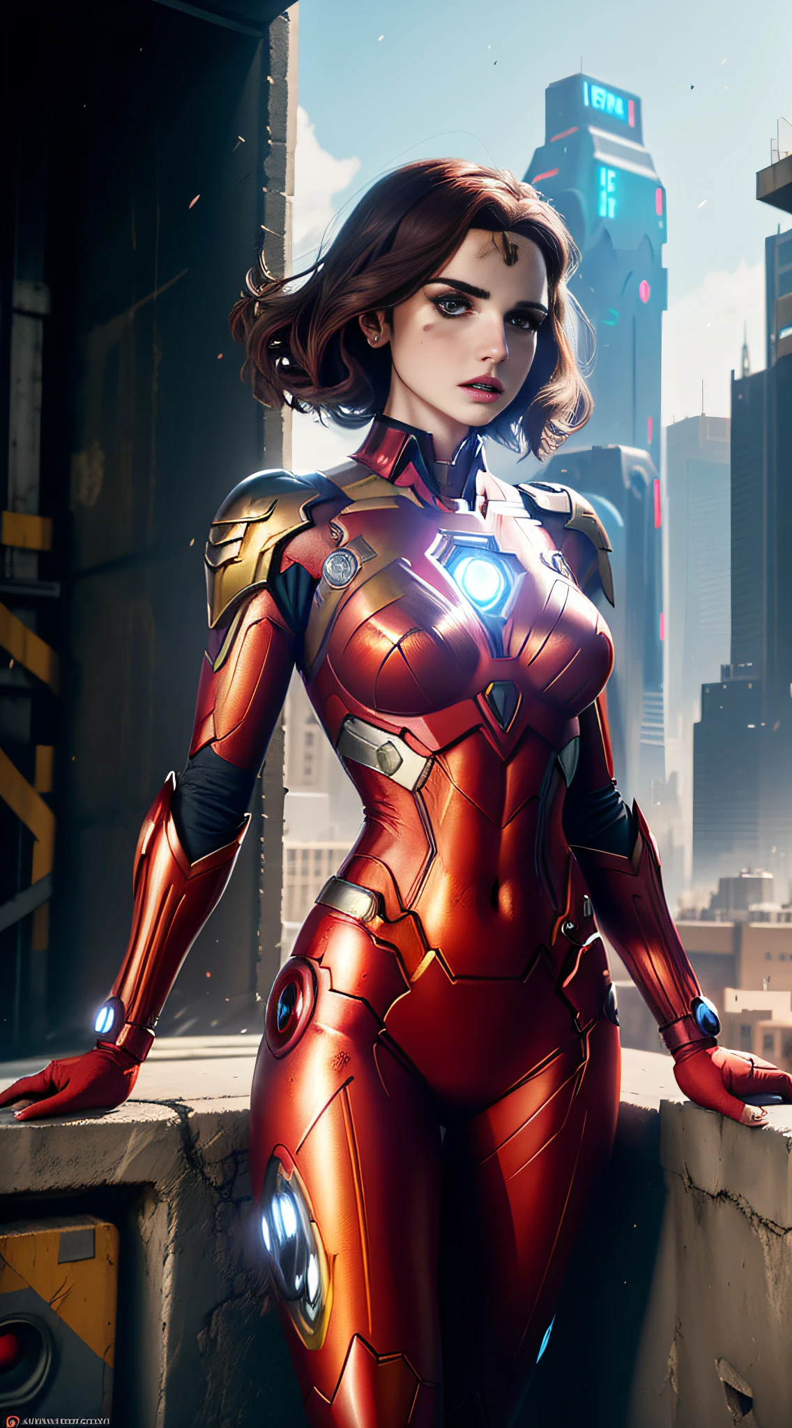 Araffe woman in a red suit posing on a ledge in a city, Emma Watson como Homem de Ferro, como o ironman, Wojtek FUS, Homem de Ferro, Homem de Ferro Cyberpunk, Alena Aenami e Artgerm, park shin hye as a super villain, em estilo de maravilha, hybrid of gal gadot, amouranth as a super villain