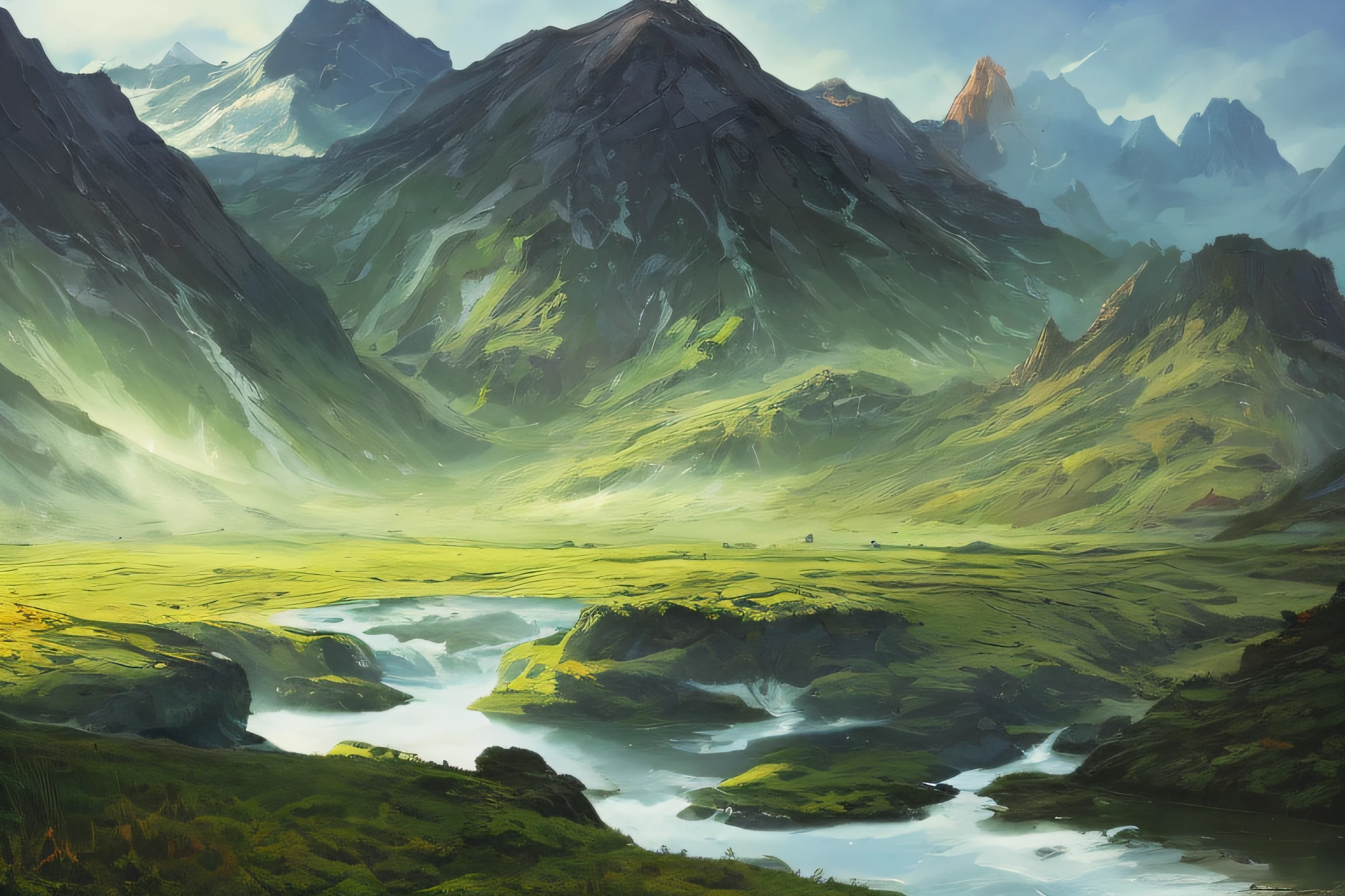 samdoesarts style. physical palette knife painting, thick Oil paint, stunning landscape, vast scale, soft colors, muted contrast, extremely detailed and intricate. green moss, mountain landscape, God rays, sharp focus