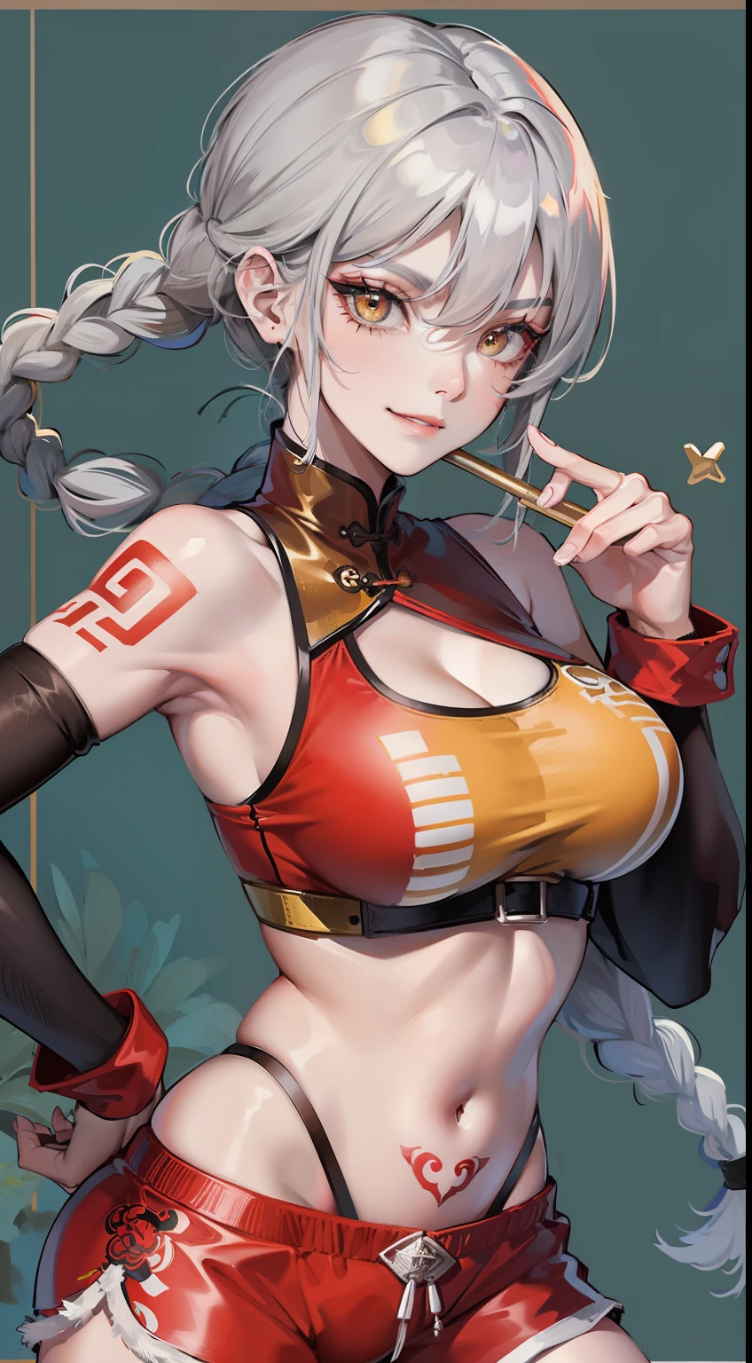 Adult woman, Gray hair in a long braid, golden eyes, sporty figure, Chinese turquoise top, Red Shorts, Tonfa, Tatoo, smirk, Masterpiece, hiquality