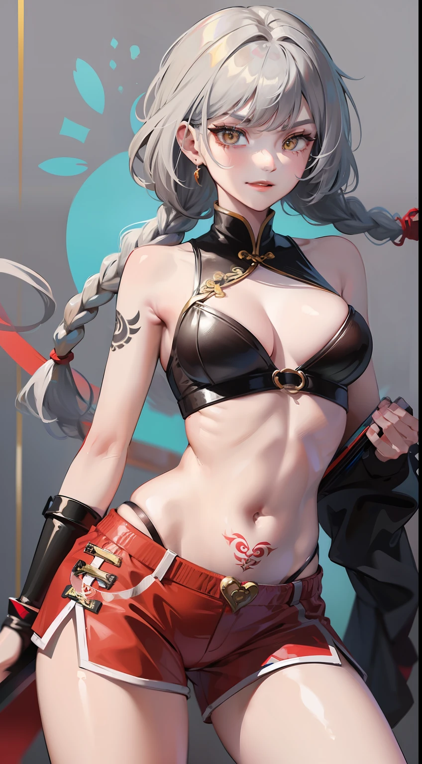 Adult woman, Gray hair in a long braid, golden eyes, sporty figure, Chinese turquoise top, Red Shorts, Tonfa, Tatoo, smirk, Masterpiece, hiquality