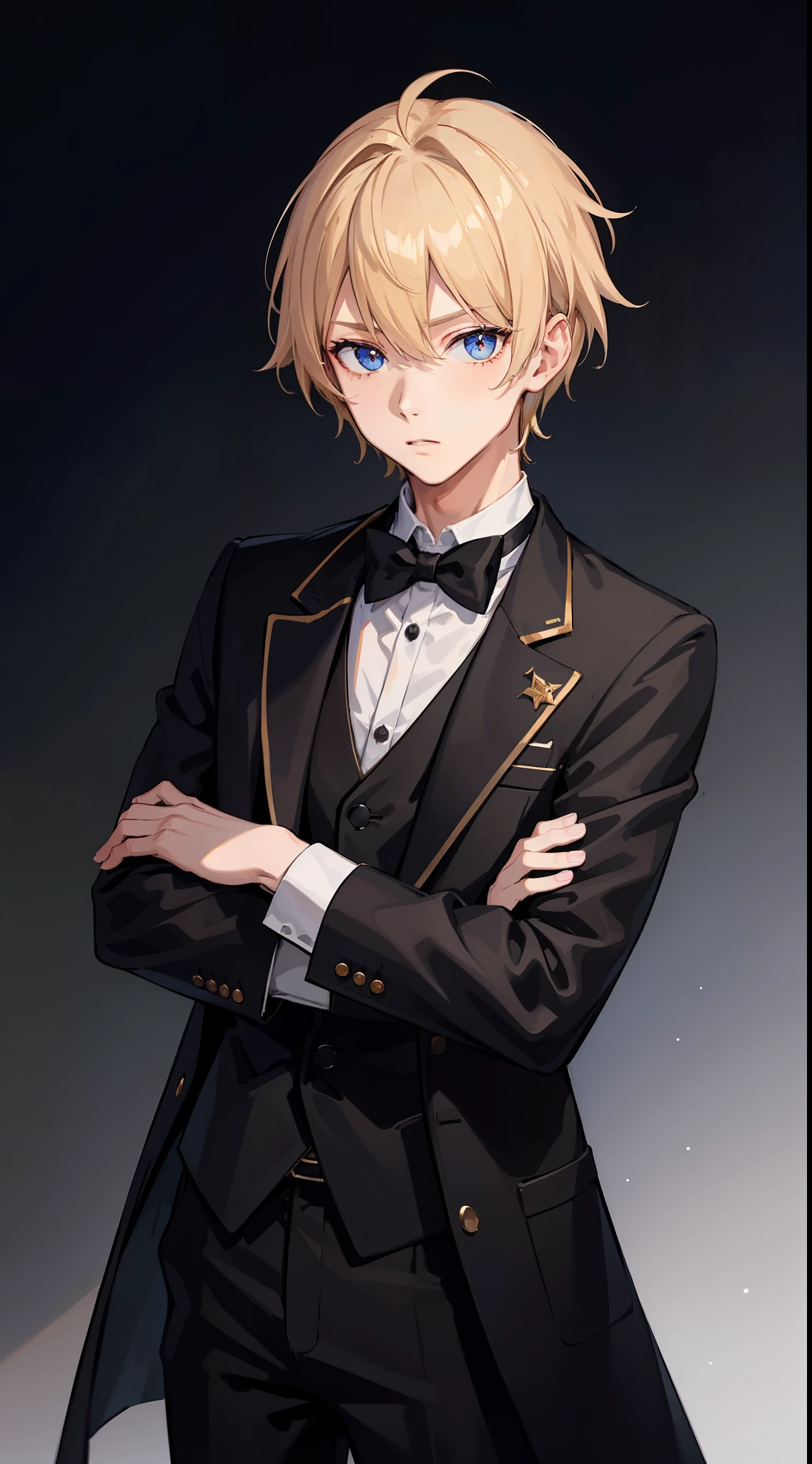 masterpiece,(bestquality),highlydetailed,ultra-detailed,dark,solo,(1boy),(black tailcoat),sparklingwhite shirt,black bowtie,shinyblack shoes,(slickedbackhair:0.8),(sharpfacialfeatures:0.5),cold, solo, (1boy), deteiledeyes, shinegoldeneyes, (blondhair: 0.8) (lighteyes: 0.8)