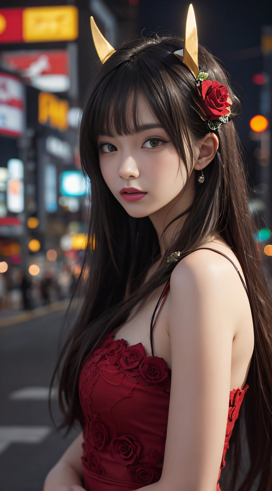 1girl, Tokyo street,night, cityscape,city lights, upper body,close-up, 8k, RAW photo, best quality, masterpiece,realistic, photo-realistic,headgear of red rose, parted bangs, long hair,