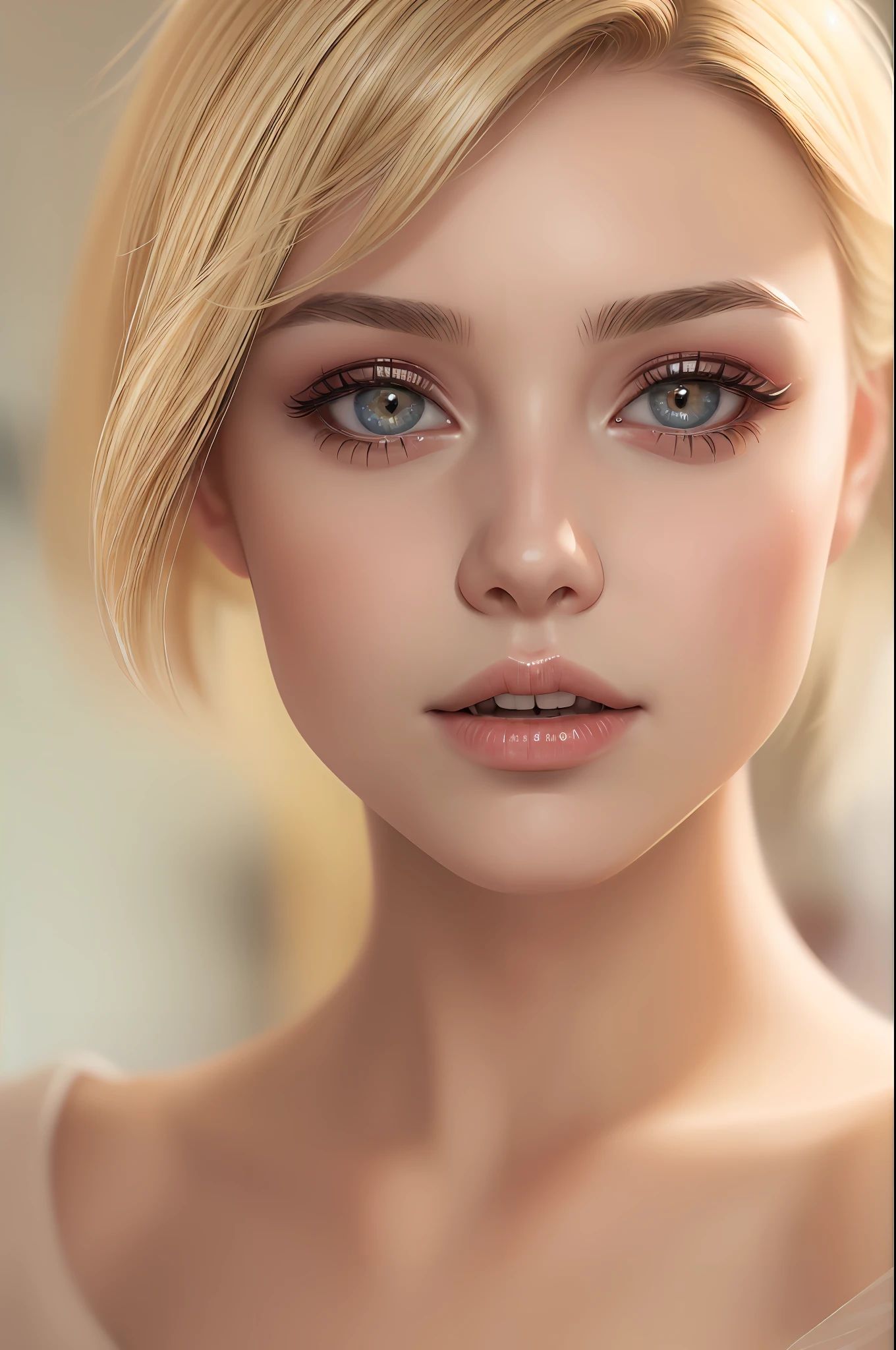 ((best quality)), ((ultra res)), ((photorealistic), (intricate details), 19 years old, blonde, perfect face shape, makeup:1.5, face light, facial detail, naked, short hair,