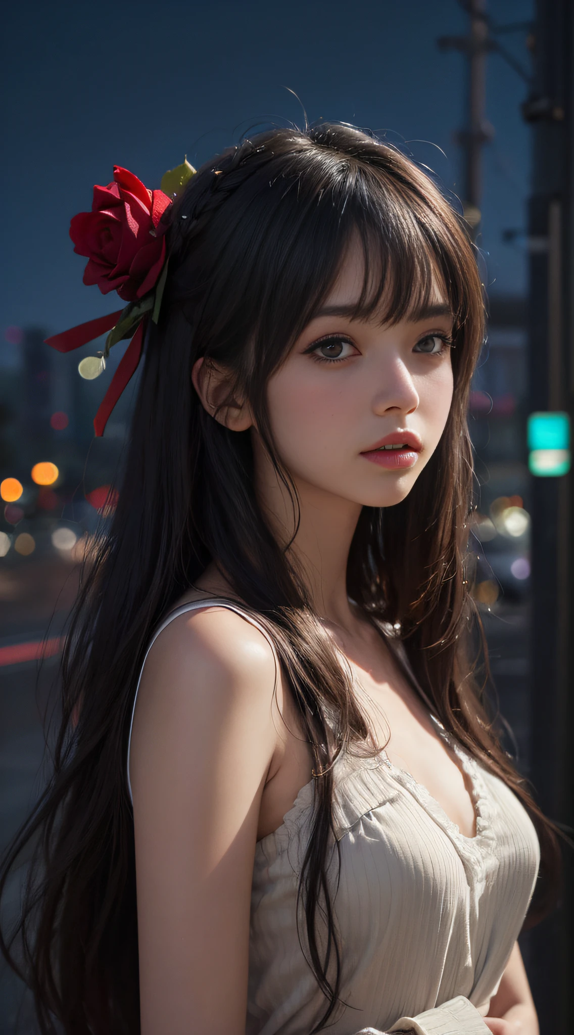1girl, Tokyo street,night, cityscape,city lights, upper body,close-up, 8k, RAW photo, best quality, masterpiece,realistic, photo-realistic,headgear of red rose, parted bangs, long hair,