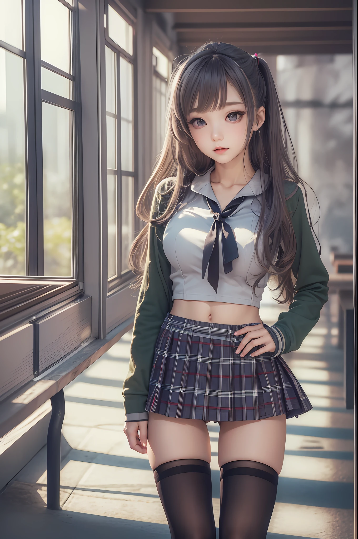Masterpiece, best quality, (realistic, realistic: 1.4), (RAW photo: 1.2), very detailed CG unity 8k wallpaper, very delicate and beautiful, amazing, fine details, official art, ridiculous, unbelievably ridiculous , huge file size, super detailed, very detailed, pretty detailed girl, very detailed eyes and face, beautiful detailed eyes, light on face, 1girl, long hair, ((ponytail)), solo, cute, looking at viewer, (perfect female figure) , slender waist, full body, big breasts, standing, school uniform, miniskirt, miniskirt, plaid skirt, navel, cropped navel, tank top, bare arms, bangs, school, classroom, ulzzang-6500- v1.1