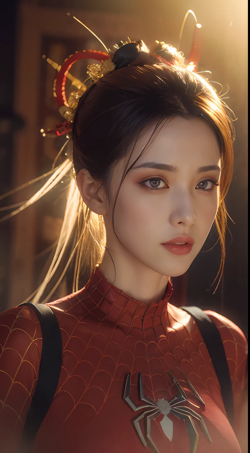 (1girl:1.3), Solo, (((Very detailed face)))), ((Very detailed eyes and face)))), Beautiful detail eyes, Body parts__, Official art, Unified 8k wallpaper, Super detailed, beautiful and beautiful, beautiful, masterpiece, best quality, original, masterpiece, super fine photo, best quality, super high resolution, realistic realism, sunlight, full body portrait, amazing beauty, dynamic pose, delicate face, vibrant eyes, (from the front), She wears Spider-Man suit, red and black color scheme, spider, very detailed city roof background, rooftop, overlooking the city, detailed face, detailed complex busy background, messy, gorgeous, milky white, highly detailed skin, realistic skin details, visible pores, clear focus, volumetric fog, 8k uhd, DSLR, high quality, film grain, fair skin, photo realism, lomography, futuristic dystopian megalopolis, translucent