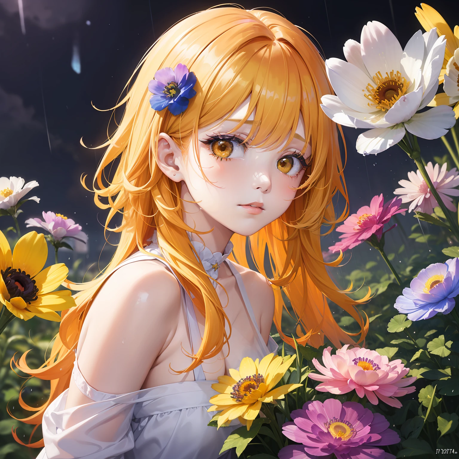 watercolor paiting(Beautifully Aesthetic:1.2)、(1girl in:1.3)、(colourful hair、Half orange and half yellow hair:1.2)、Eau、liquids、natta、colourfull、Orange and yellow anemone flowers bloom、Anemone blooming on the hair、natta、beautiful night、starrysky、rain is falling、Sateen、Fantastic night、Sad face