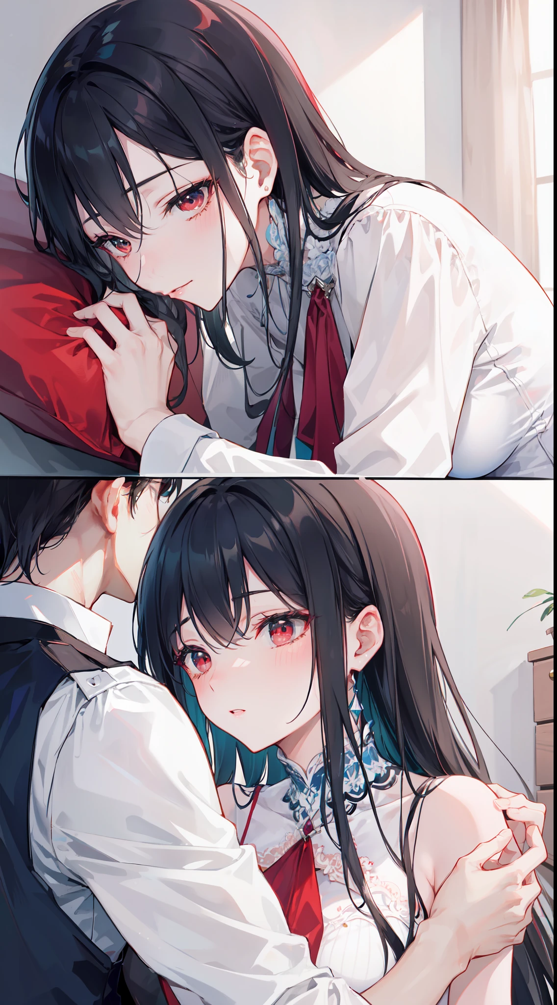 "4k romantic fantasy scene: mature couple embracing tenderly. The man with black hair and blue eyes, and the woman with elegantly tied black hair and mesmerizing red eyes."