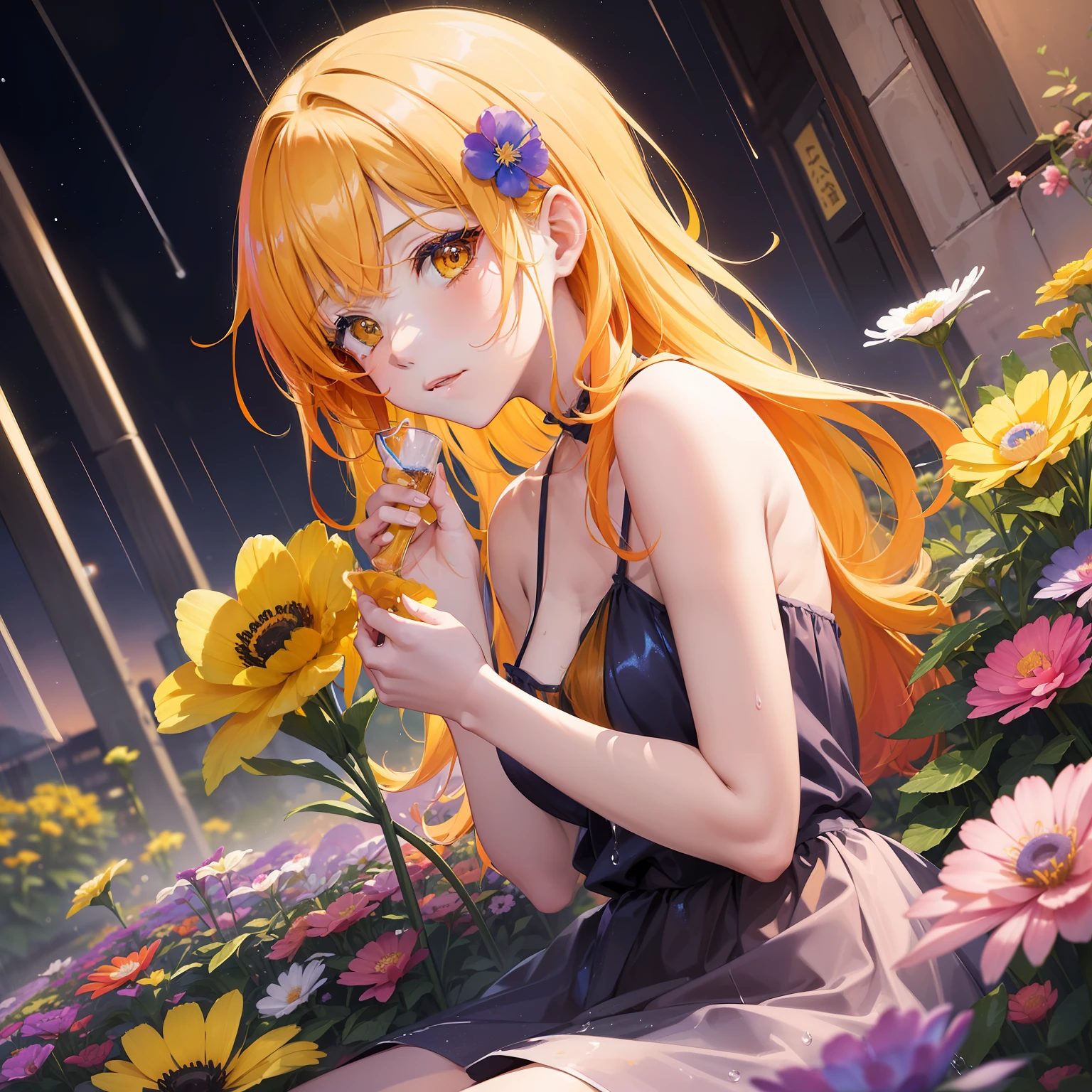 watercolor paiting(Beautifully Aesthetic:1.2)、(1girl in:1.3)、(colourful hair、Half orange and half yellow hair:1.2)、Eau、liquids、natta、colourfull、Orange and yellow anemone flowers bloom、Anemone blooming on the hair、natta、beautiful night、starrysky、rain is falling、Sateen、Fantastic night、Sad face