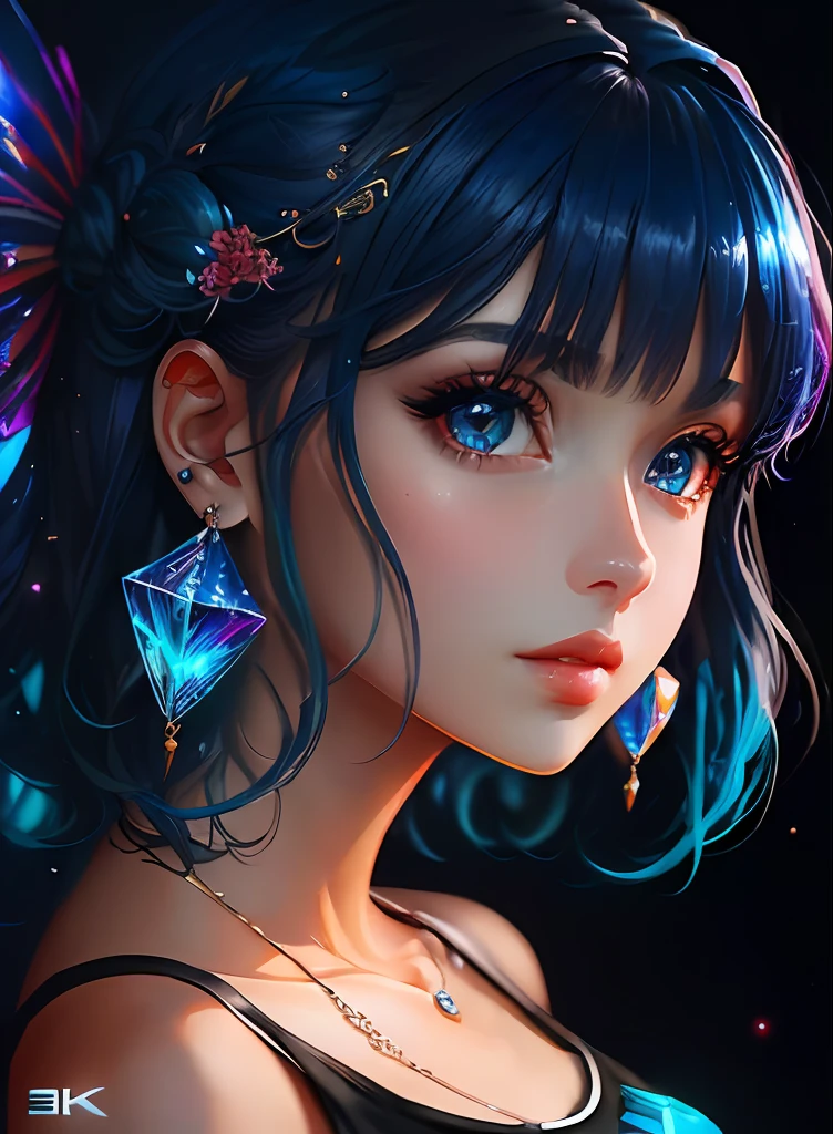 ((top-quality)), ((masterpiece)), ((realisitic)), (detaileds),animesque、anime styled、 (1人の女性)Earrings only accessories、Close up portrait of woman with dark blue hair、Very beautiful shining eyes, Like crystal clear glass、Tank Tops、Summer clothes、4K high-definition digital art、stunning digital illustration、Stunning 8K artwork、colorfull digital fantasy art、Colorful and bright、beautiful digital works of art、Colorful Digital Anime Art、Portrait of beautiful woman、8K HD Digital Wallpaper Art、 Gorgeous Digital Painting