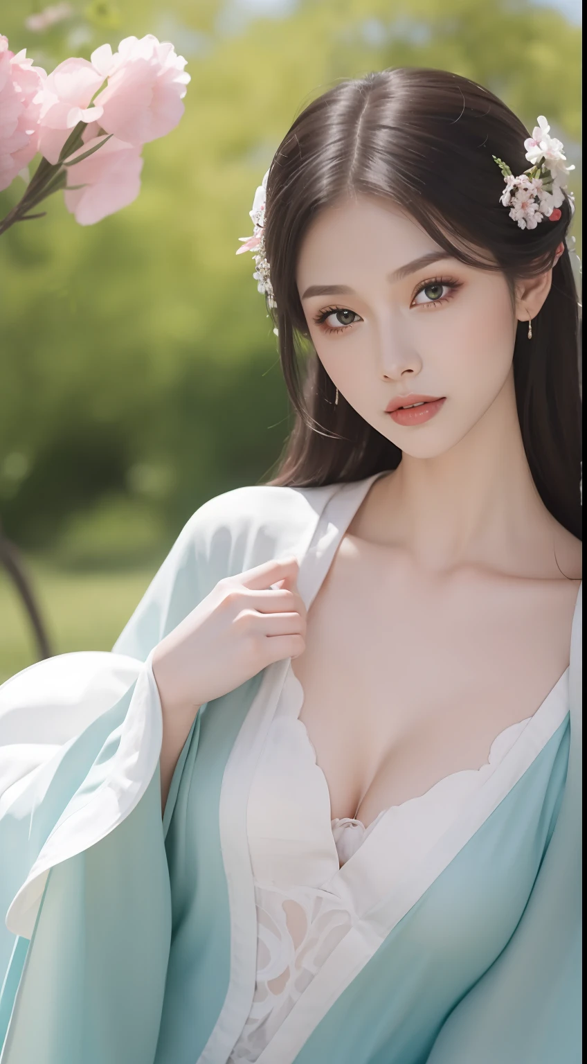 Fashion model 18 years old [[[[closeup cleavage]]]], [[[[boobgasm]]]], [[[[coll]]]], [[[[bshoulders]]]], perfect  eyes, Perfect iris，Perfect lips，perfect teeth，Perfect skin，Long face，slender nose，Soft front light，hdr，Movie girl，white apparel，green outfit，red attire，Pink clothing，long whitr hair，Long hair with a shawl，The background is external，Flowers and green leaves in the background，（pastel colour：1.2）