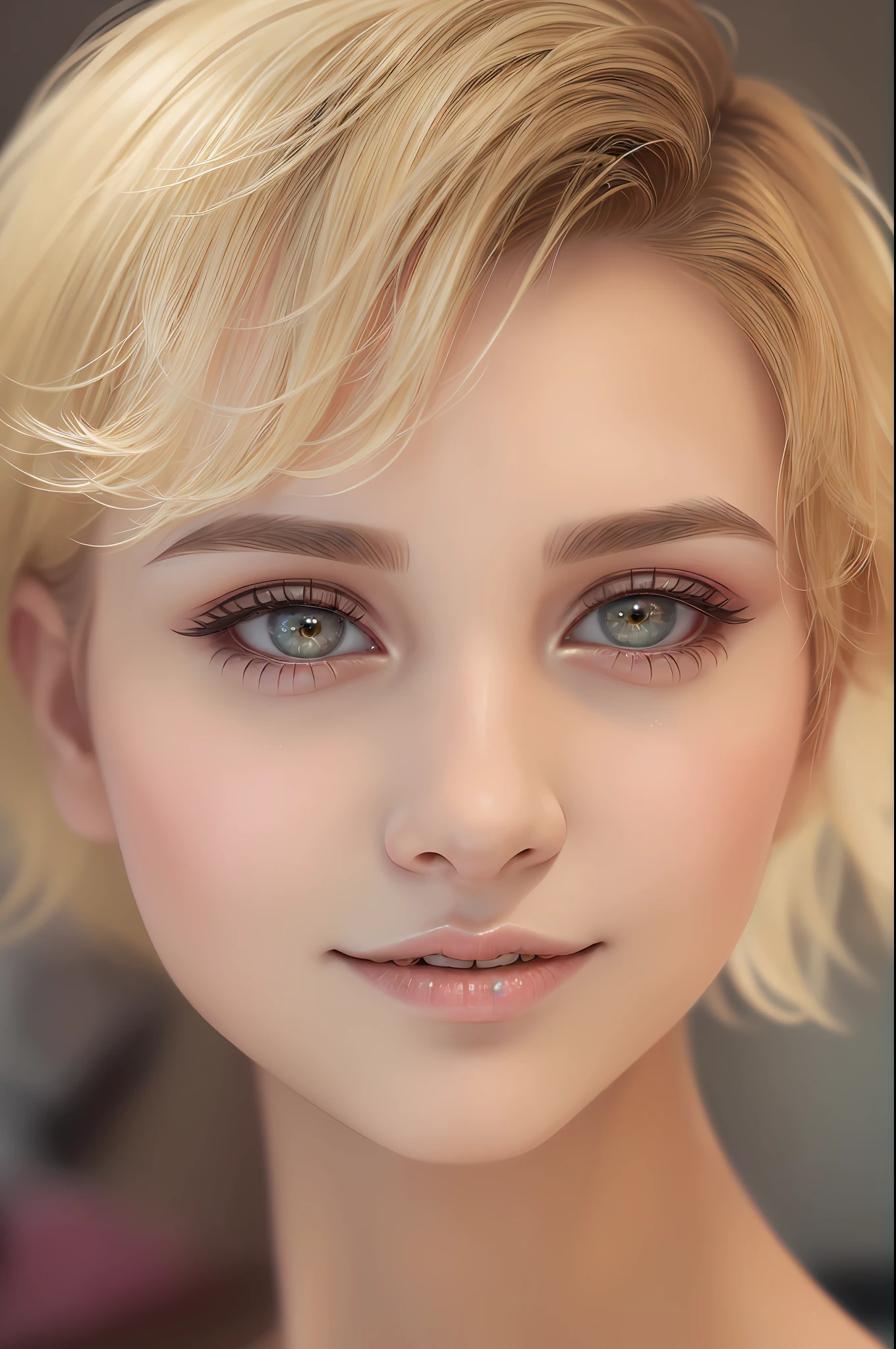 ((best quality)), ((ultra res)), ((photorealistic), (intricate details), 19 years old, blonde, perfect face shape, makeup:1.5, face light, facial detail, naked, short hair,