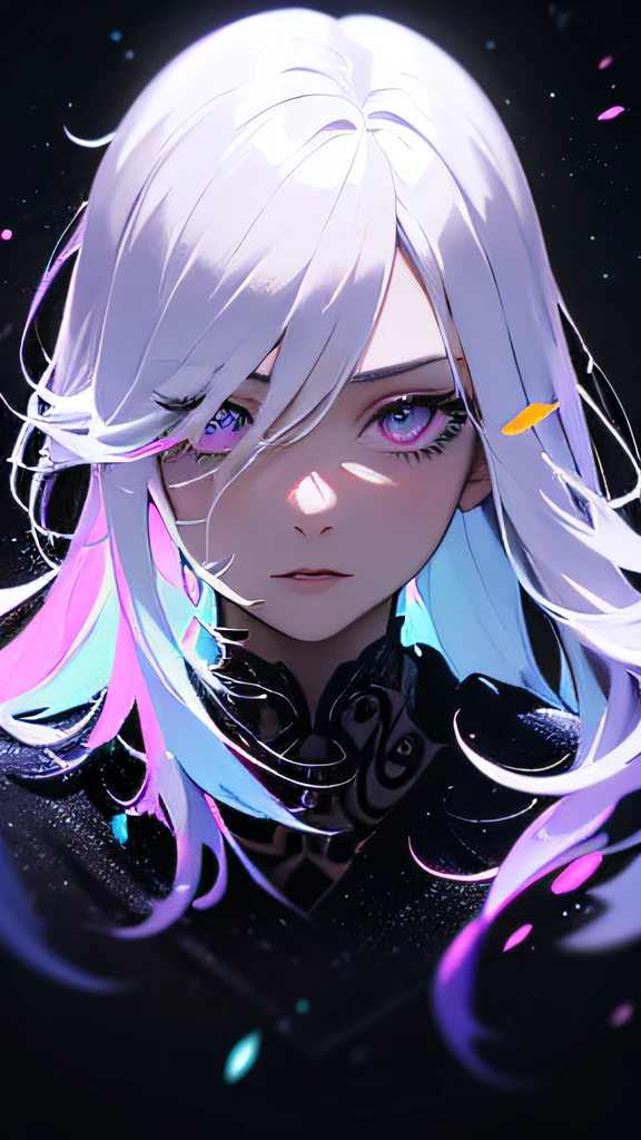 (masterpiece, best quality, ultra-detailed, best shadow), (detailed background,dark fantasy), (beautiful detailed face), high contrast, (best illumination, an extremely delicate and beautiful), ((cinematic light)), colorful, hyper detail, dramatic light, intricate details, (1girl, solo,white hair, sharp face,purple eyes, hair between eyes,dynamic angle), blood splatter, swirling black light around the character, depth of field,black light particles,(broken glass),magic circle,