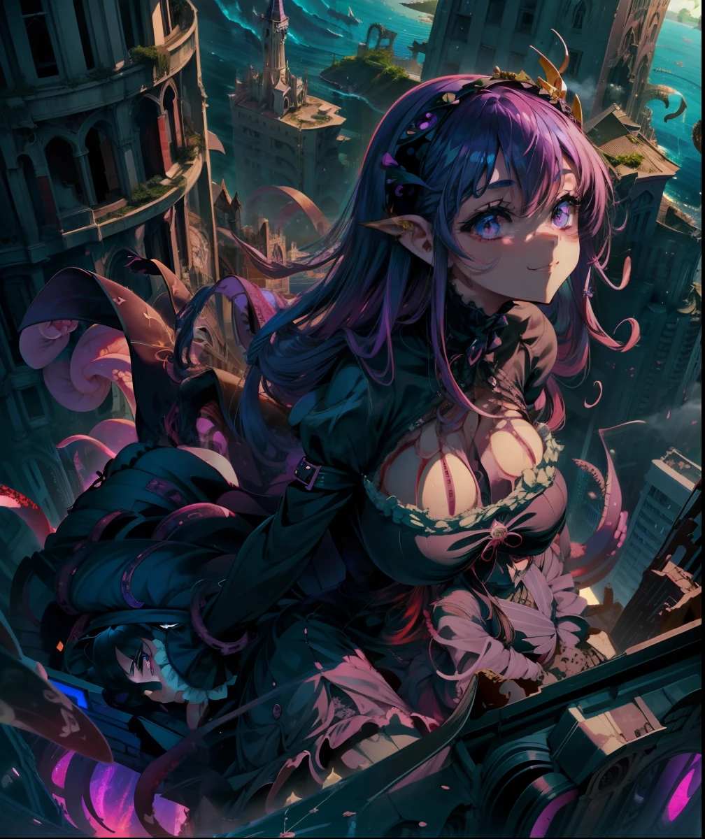 A huge beautiful girl is looking down on us from the top of the building. Girl leaning out from the roof of a building. Girl wears a purple Gothic ta style dress. The girl has a young vibe. Her eyes are huge. she is smiling. Wriggling tentacles. The building is an abandoned church. cliff. bottom of the ocean.