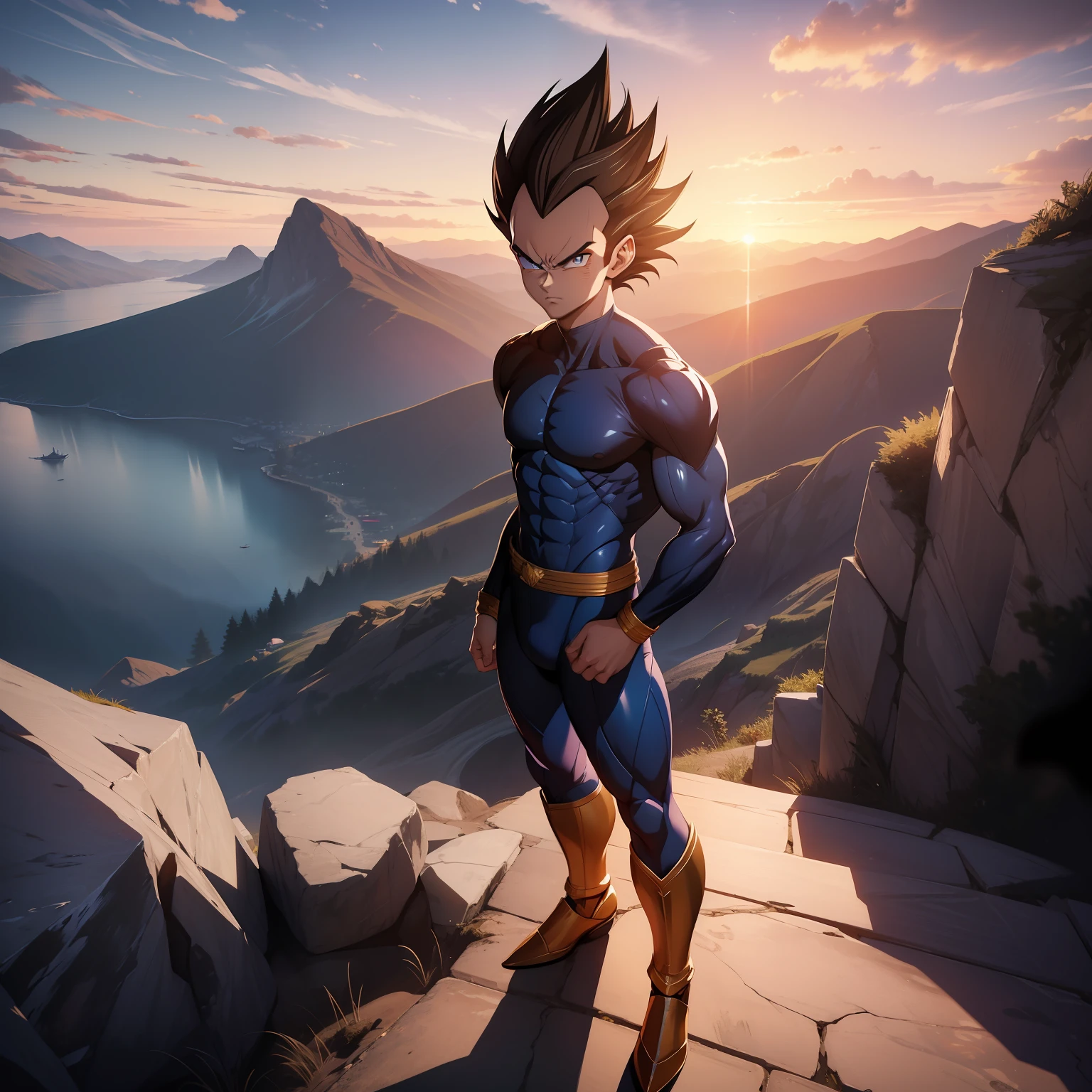 (masterpiece), best quality, ultra-HD, photorealistic, cinematic, ultra-detailed, 8k resolution, Vegeta, 1 boy, (full body view), standing, from head to toe visibility, perfect anatomy, good looking, realistic hair, dark hair, perfect eyes, realistic eyes, detailed eyes, perfect hands, sunset, mountain, sea