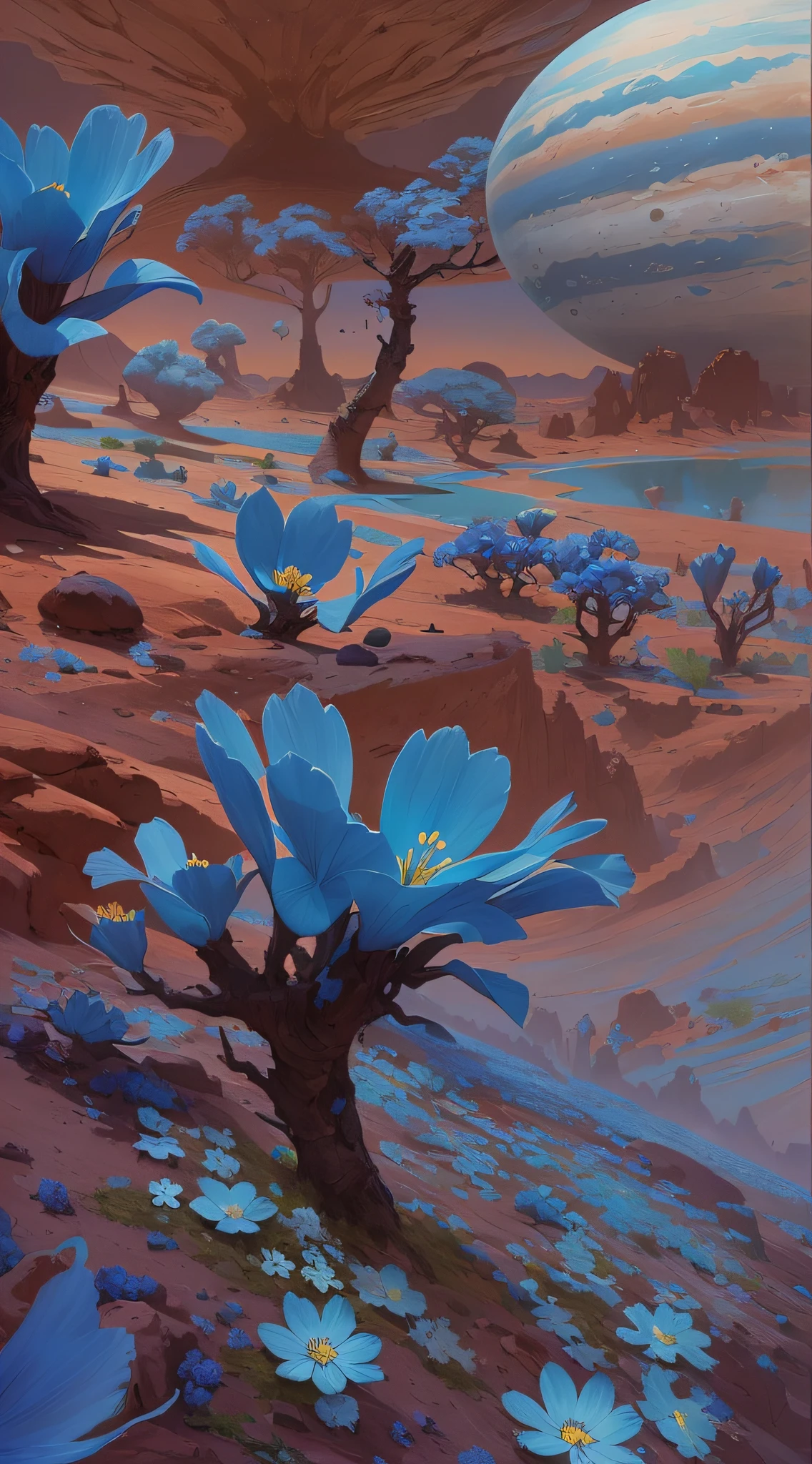 there is a painting of a desert with blue flowers and a planet in the background, desert flowers, silvain sarrailh, ross tran. scenic background, bastien grivet, concept art | rhads, balaskas, stylized concept art, mohrbacher, rhads and lois van baarle, wlop and rhads