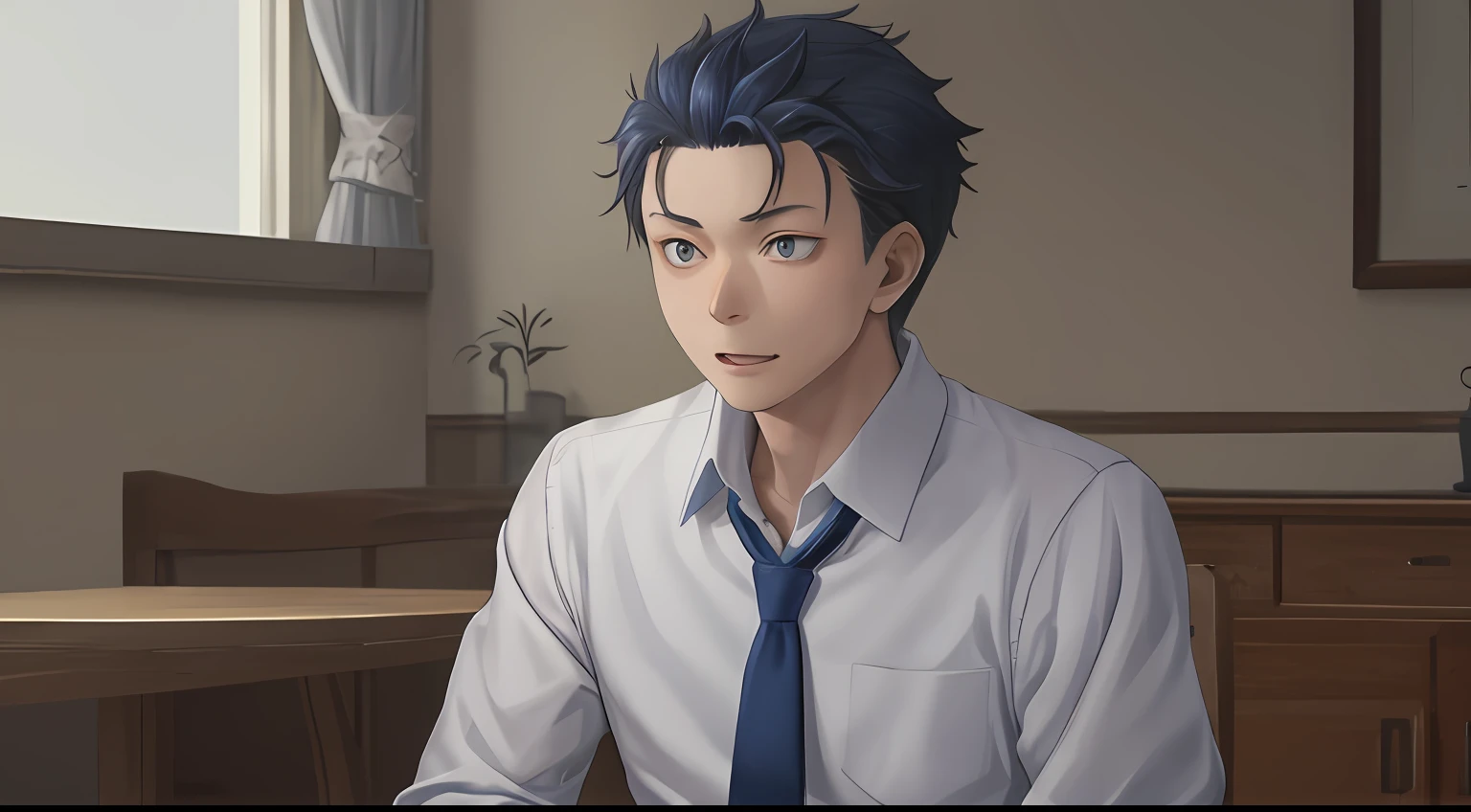 （1 Adult male），A high resolution， Sharp focus， Pixiv masterpiece， （（Complicated details））， highly  detailed， natsuki_subaru， 1 man， with her mouth open，full bodyesbian，sit astride， blue colored eyes（eyes glowing）， blue short hair，white  shirt，Wear a tie，Wear a belt，perspire，look from down