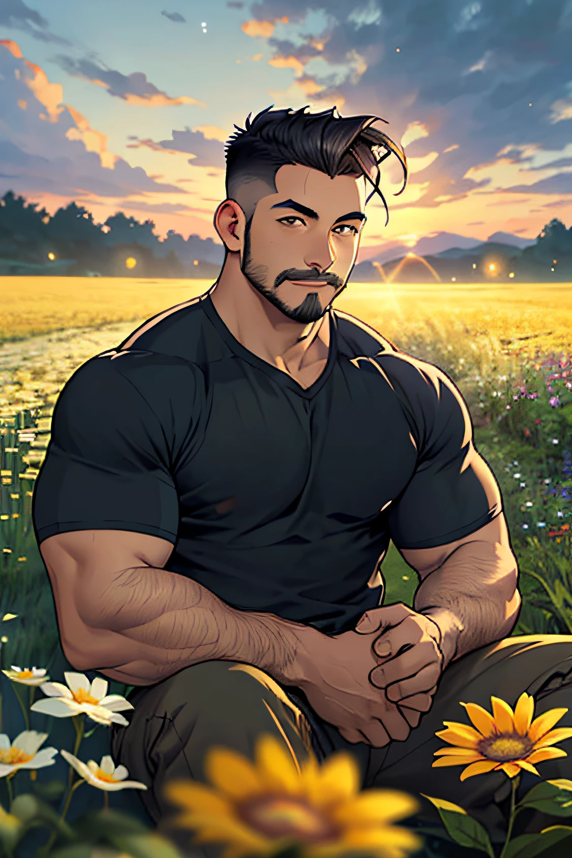 Corgi、musculature， sitted， Undercut， Facial hair， flower  field， Eau， depth of fields， Twilight sky