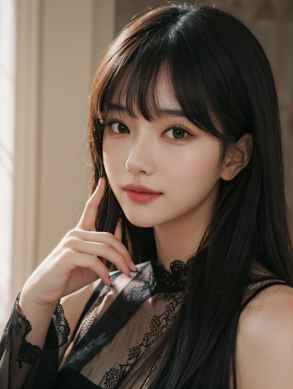 Masterpiece, best picture quality, high quality, beautiful woman, Japanese, popular Korean makeup, detailed, swollen eyes, detailed eyes, detailed skin, beautiful skin, ultra high resolution, (reality: 1.4),very beautiful, slightly younger face, beautiful skin, slender, (ultra realistic), (illustration), (high resolution), (8K), (very detailed) (best illustration), (beautifully detailed eyes), (super detailed), (wallpaper), (detailed face), looking at viewer, fine details, detailed face, pureerosfaceace_v1, smiling, looking straight ahead, looking straight ahead, angle from waist up, realistic photo, bright lighting, professional lighting, black hair (some of hair part green), long hair, dark ruins, big red moon, gorgeous red and black dress, mature woman, long stylish bangs,キスショット・アセロラオリオン・ハートアンダーブレード