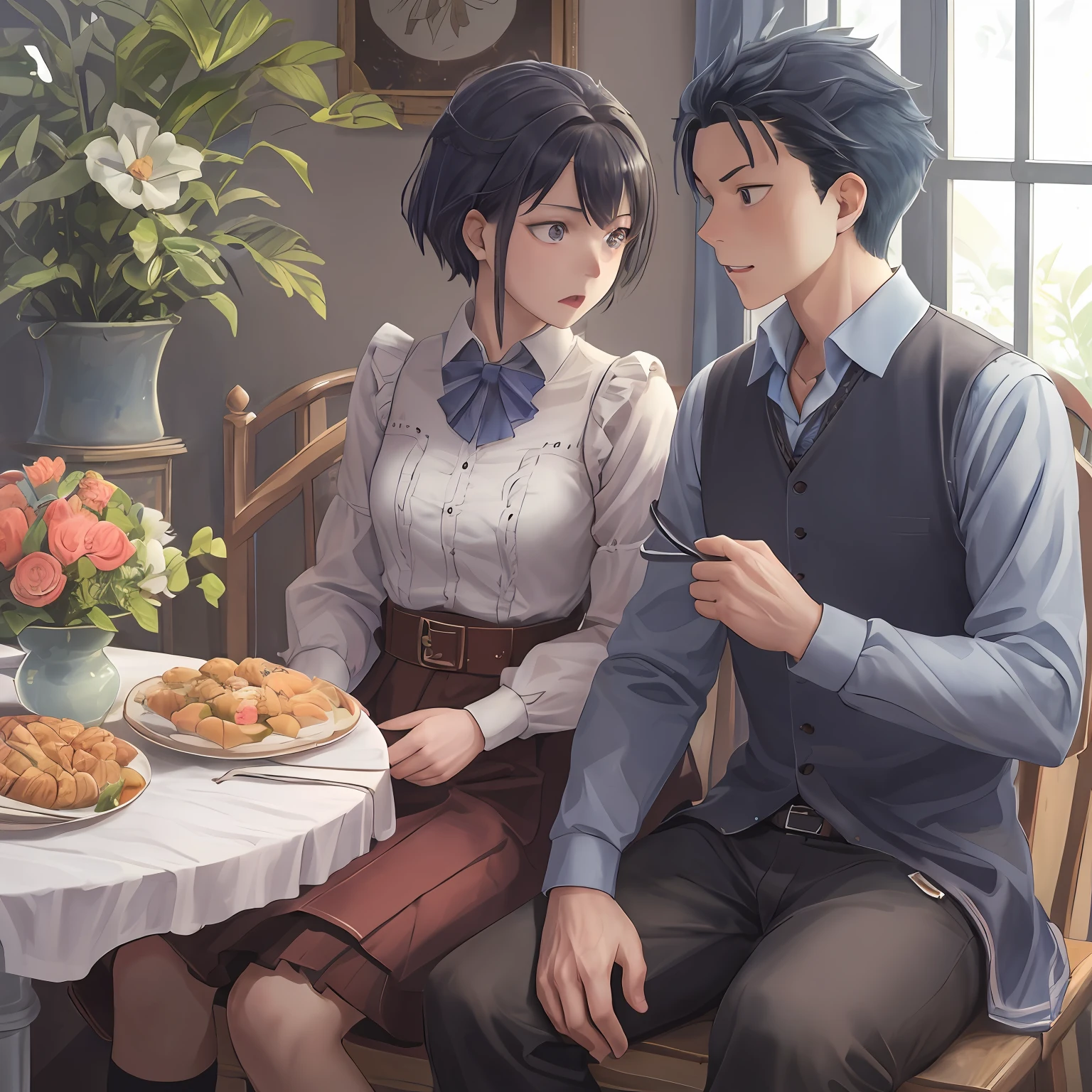 (1 Adult male),A high resolution, Sharp focus, Pixiv masterpiece, ((Complicated details)), highly detailed, natsuki_subaru, 1 man, with her mouth open,full bodyesbian,sit astride, blue colored eyes(eyes glowing), blue short hair,white shirt,Wear a tie,Wear a belt,perspire,look from down