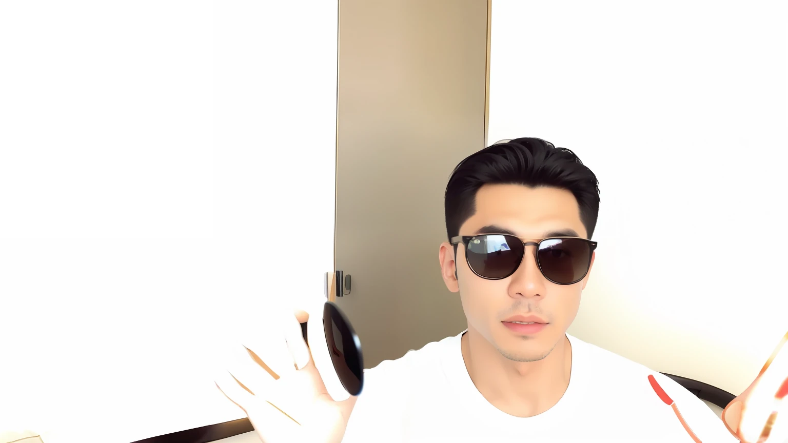 Man in sunglasses making face with hand, wearing big black circle glasses, Wearing Gracs glasses, with sunglass, low quality video, tiktok video, Wearing sunglasses, AR Glasses, wearing black frame glasses, wearing cool sunglasses, Wearing Versace sunglasses, with mirrorshades sunglasses, VR Sunglasses, wearing shades, with index finger, ramil sunga musculature