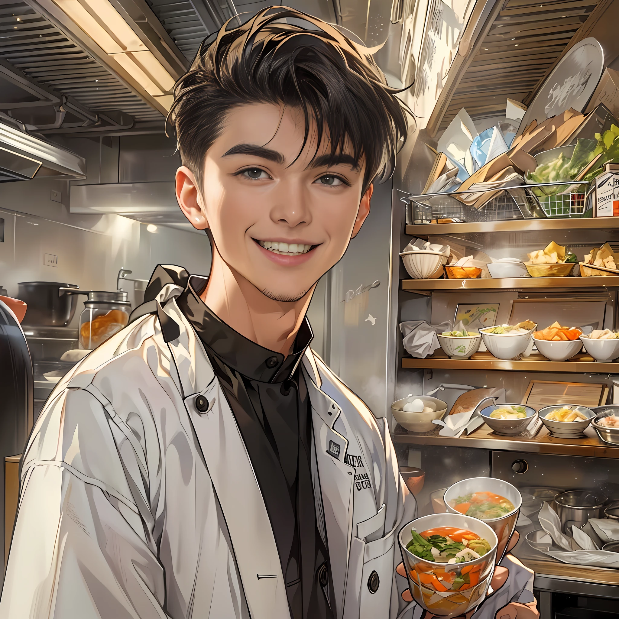 A young handsome male chef stands next to a snack cart,With a smile on his face,Holding a bowl of clear soup in his hand,Detailed close-up of faces,in the style of the stars art group xing xing, 32K, Best quality, Masterpiece, Super detail, High details