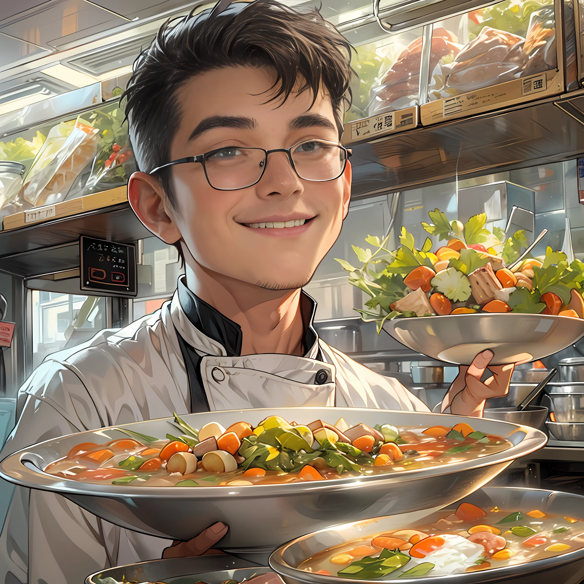 A young handsome male chef stands next to a snack cart,With a smile on his face,Holding a bowl of clear soup in his hand,Detailed close-up of faces,in the style of the stars art group xing xing, 32K, Best quality, Masterpiece, Super detail, High details