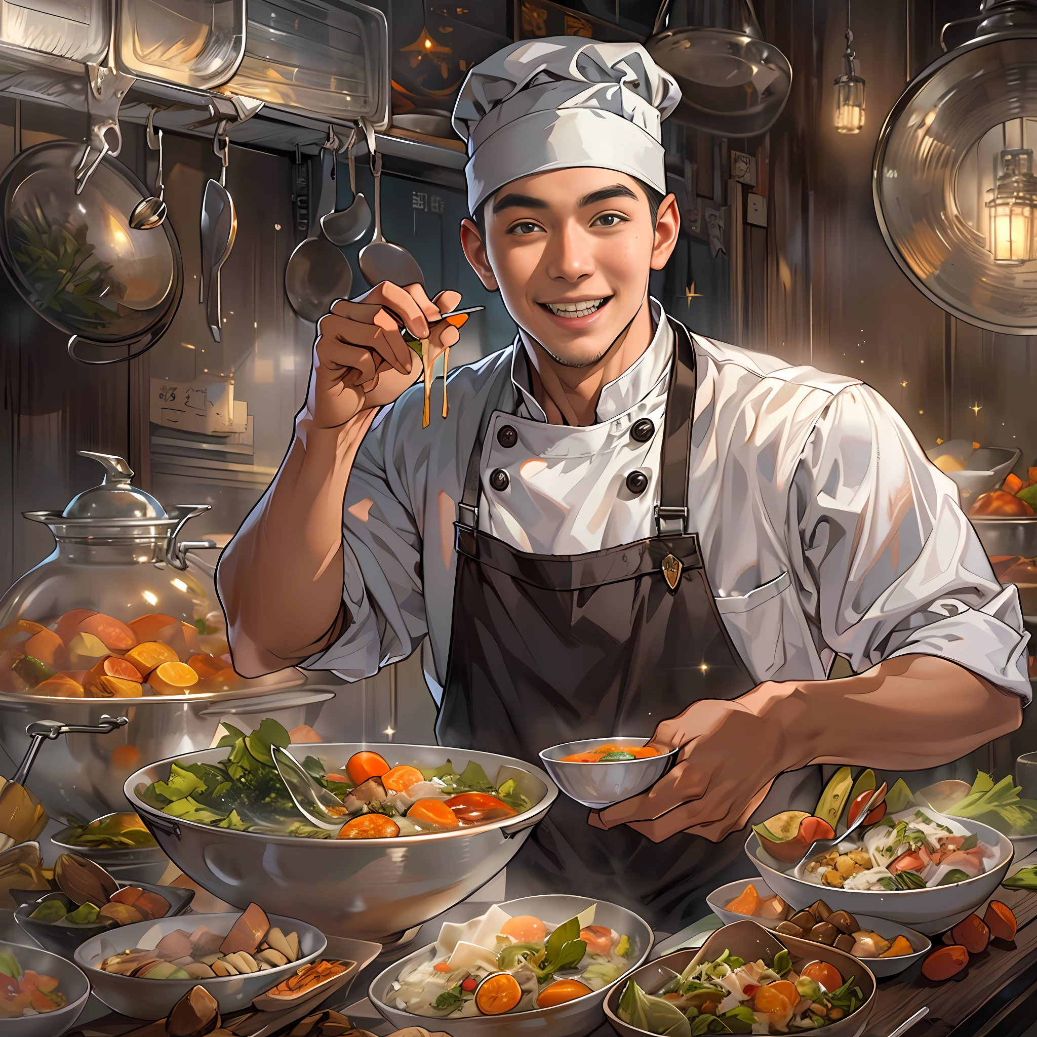 A young handsome male chef stands next to a snack cart，With a smile on his face，Holding a bowl of clear soup in his hand，Detailed close-up of faces，in the style of the stars art group xing xing, 32K, Best quality, Masterpiece, Super detail, High details