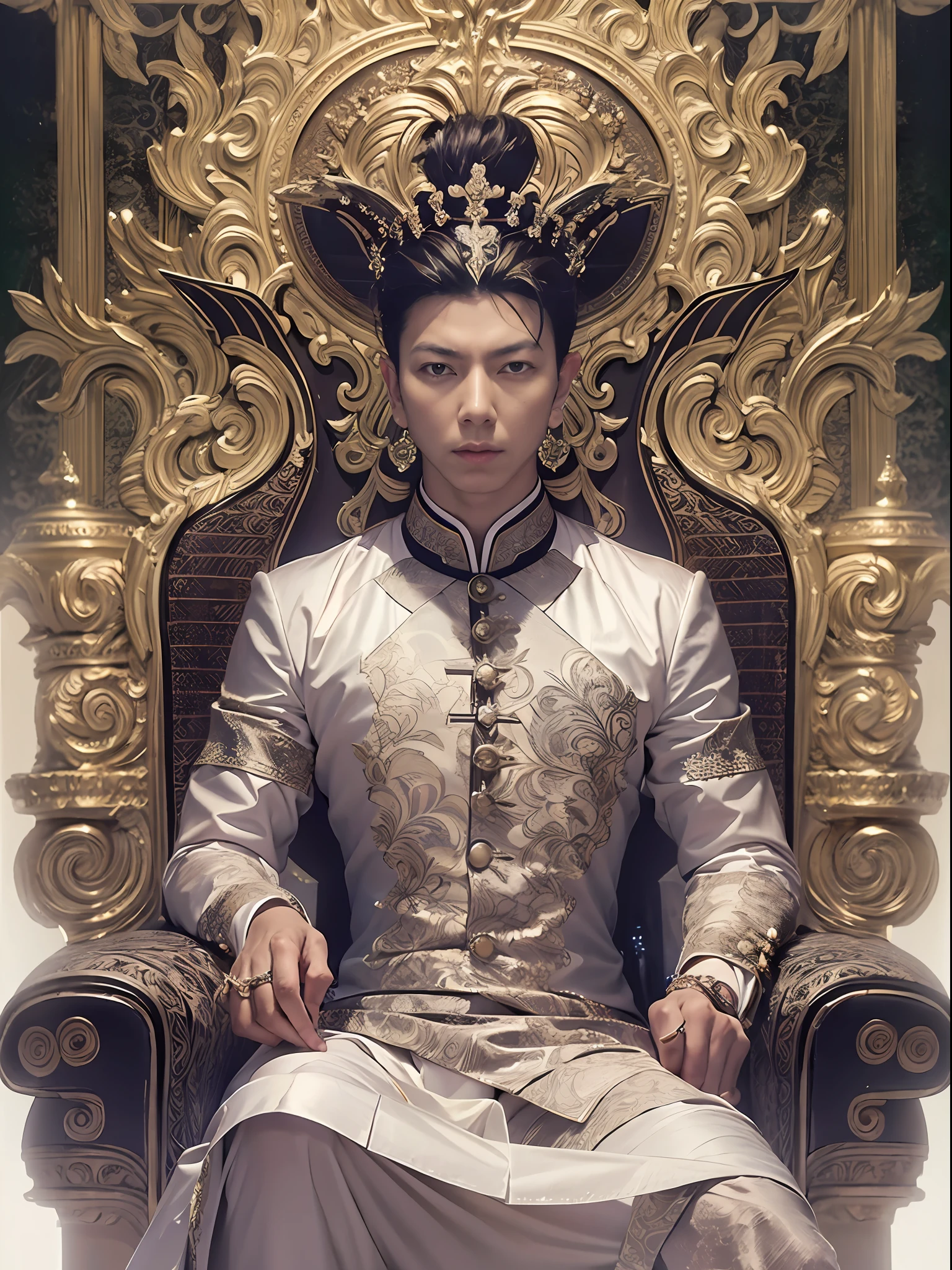 "An elegant Asian gentleman, dressed in a sleek and refined suit, confidently seated on a majestic throne."