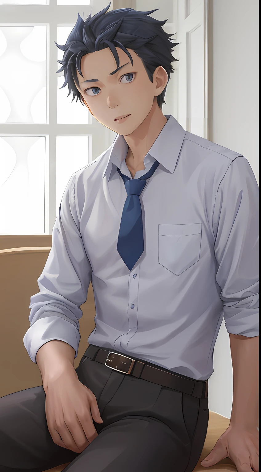 (1 Adult male),A high resolution, Sharp focus, Pixiv masterpiece, ((Complicated details)), highly detailed, natsuki_subaru, 1 man, with her mouth open,full bodyesbian,sit astride, blue colored eyes(eyes glowing), blue short hair,white shirt,Wear a tie,Wear a belt,perspire,look from down