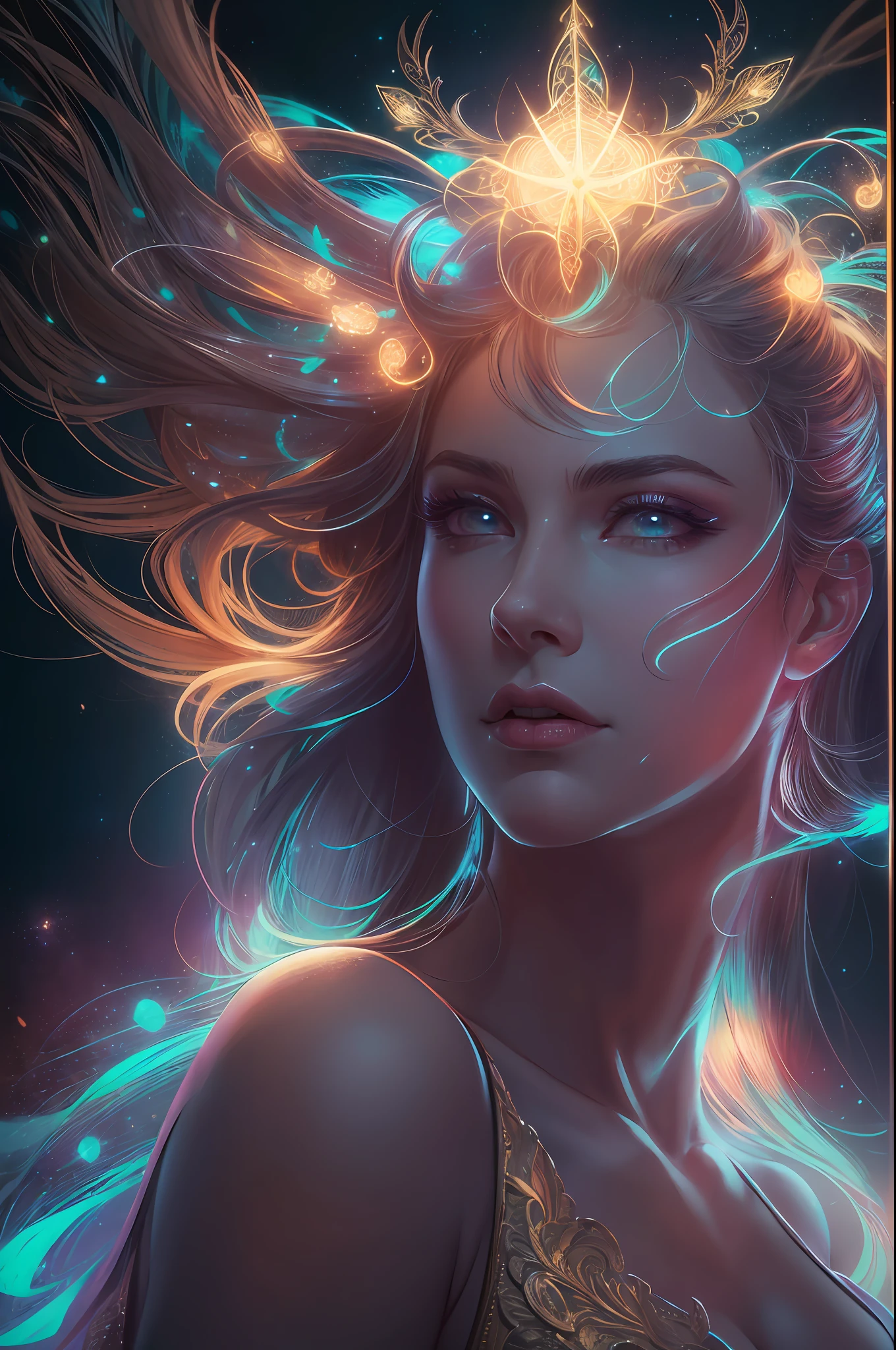 ((best quality)), ((masterpiece)), ((realistic)), portrait, 1girl, celestial, deity, goddess, light particles, halo, looking at viewer, (bioluminescent:0.95) flame, bioluminescence, phoenix, Vibrant, Colorful, Color, (Glow, Glow), (Beautiful Composition), Cinematic Lights, Intricate, (Symmetry: 0.5), Whimsical, Alien Planet