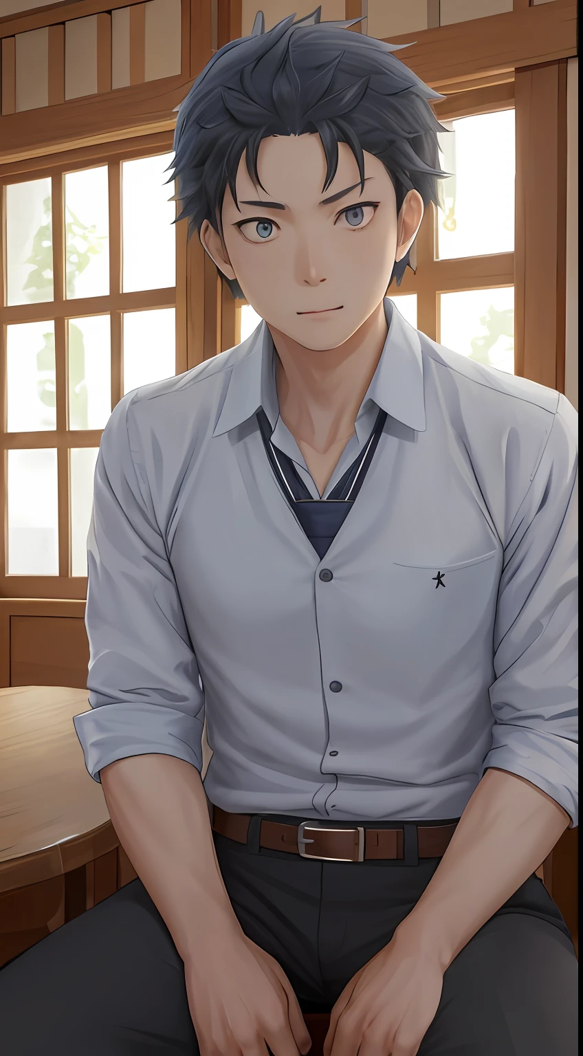 （1 Adult male），A high resolution， Sharp focus， Pixiv masterpiece， （（Complicated details））， highly  detailed， natsuki_subaru， 1 man， with her mouth open，full bodyesbian，sit astride， blue colored eyes（eyes glowing）， blue short hair，white  shirt，Wear a tie，Wear a belt，perspire，look from down
