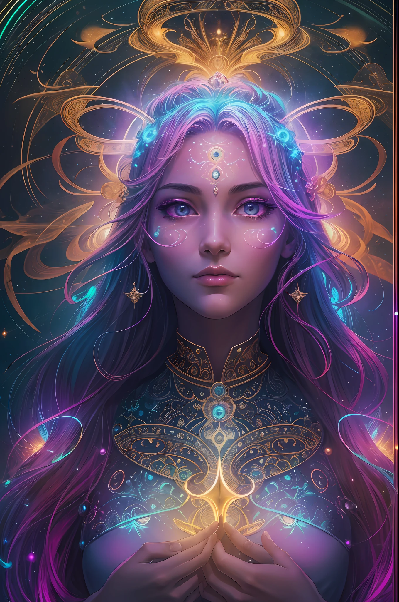 ((best quality)), ((masterpiece)), ((realistic)), portrait, 1girl, celestial, deity, goddess, light particles, halo, looking at viewer, (bioluminescent:0.95) flame, bioluminescence, phoenix, Vibrant, Colorful, Color, (Glow, Glow), (Beautiful Composition), Cinematic Lights, Intricate, (Symmetry: 0.5), Whimsical, Alien Planet