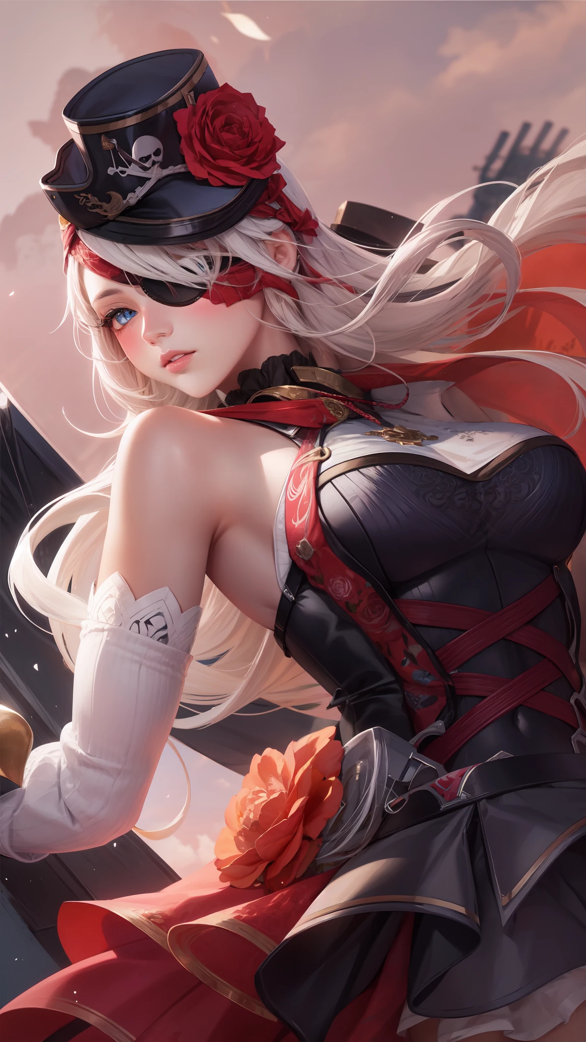 realistic, 1girl, white hair, blue eyes, glowing eyes, crop top, skirt, parted lips, blush, night, flowers, sun, sunlight, pirate eye patch