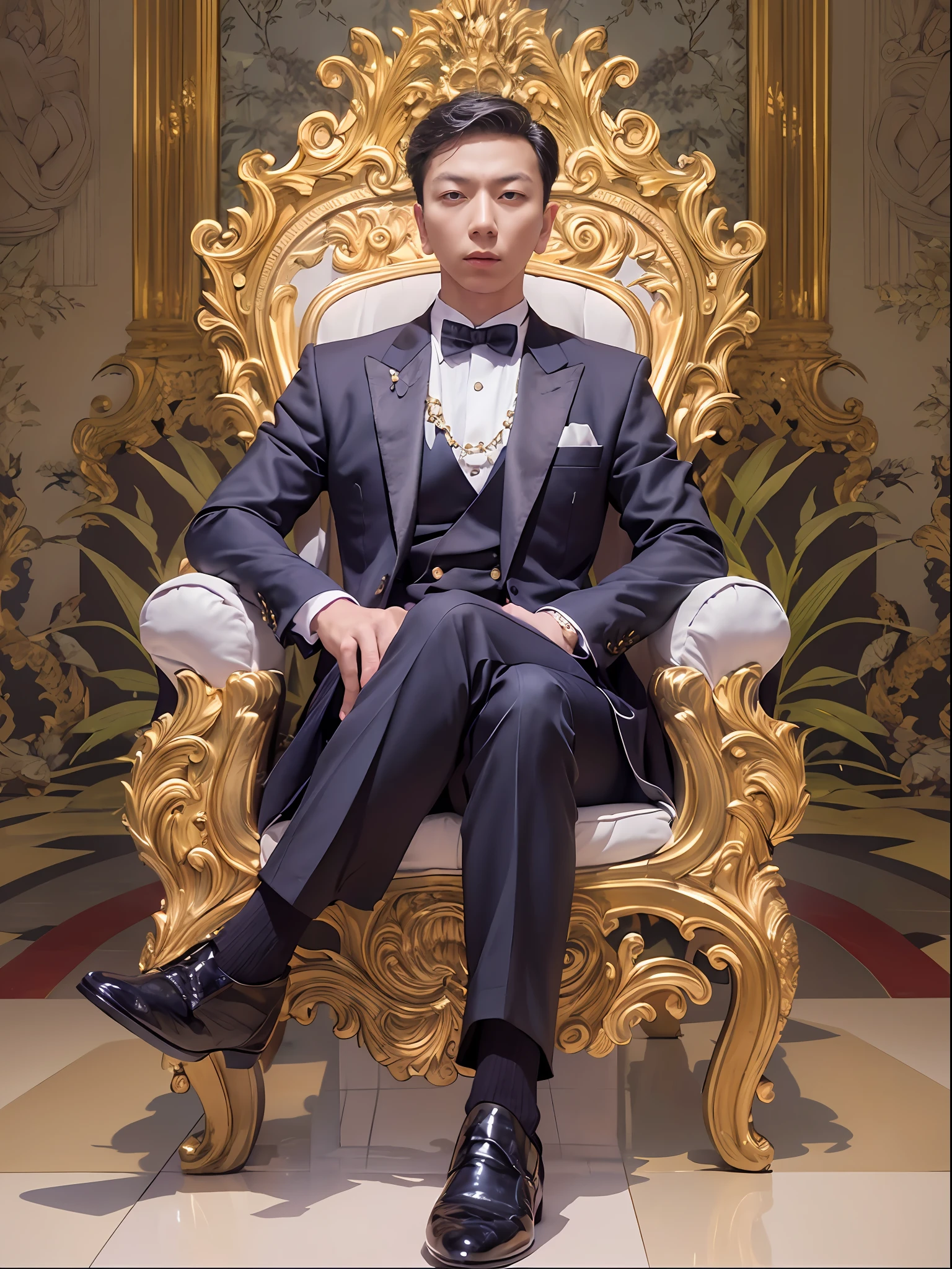 "An elegant Asian gentleman, dressed in a sleek and refined suit, confidently seated on a majestic throne."