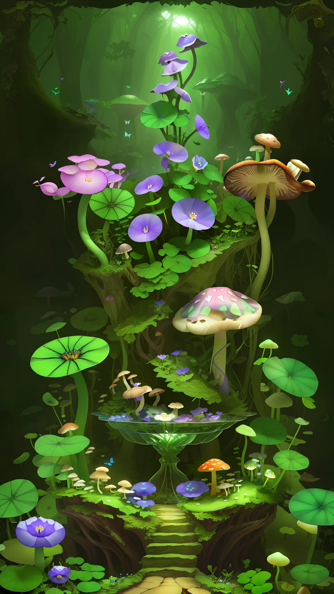 "Mushroom forest with glass goblet,s fractal art,morning glory,butterflys,Various insects,tropical fishes,rosette,lotuses,four-leaf clover,morning glory,peach blossom,Cyber Mushroom Forest,Ultra-detailed digital fantasy art。Mushrooms are everywhere in the picture,The unique mushroom shape creates a magical casa scene。"