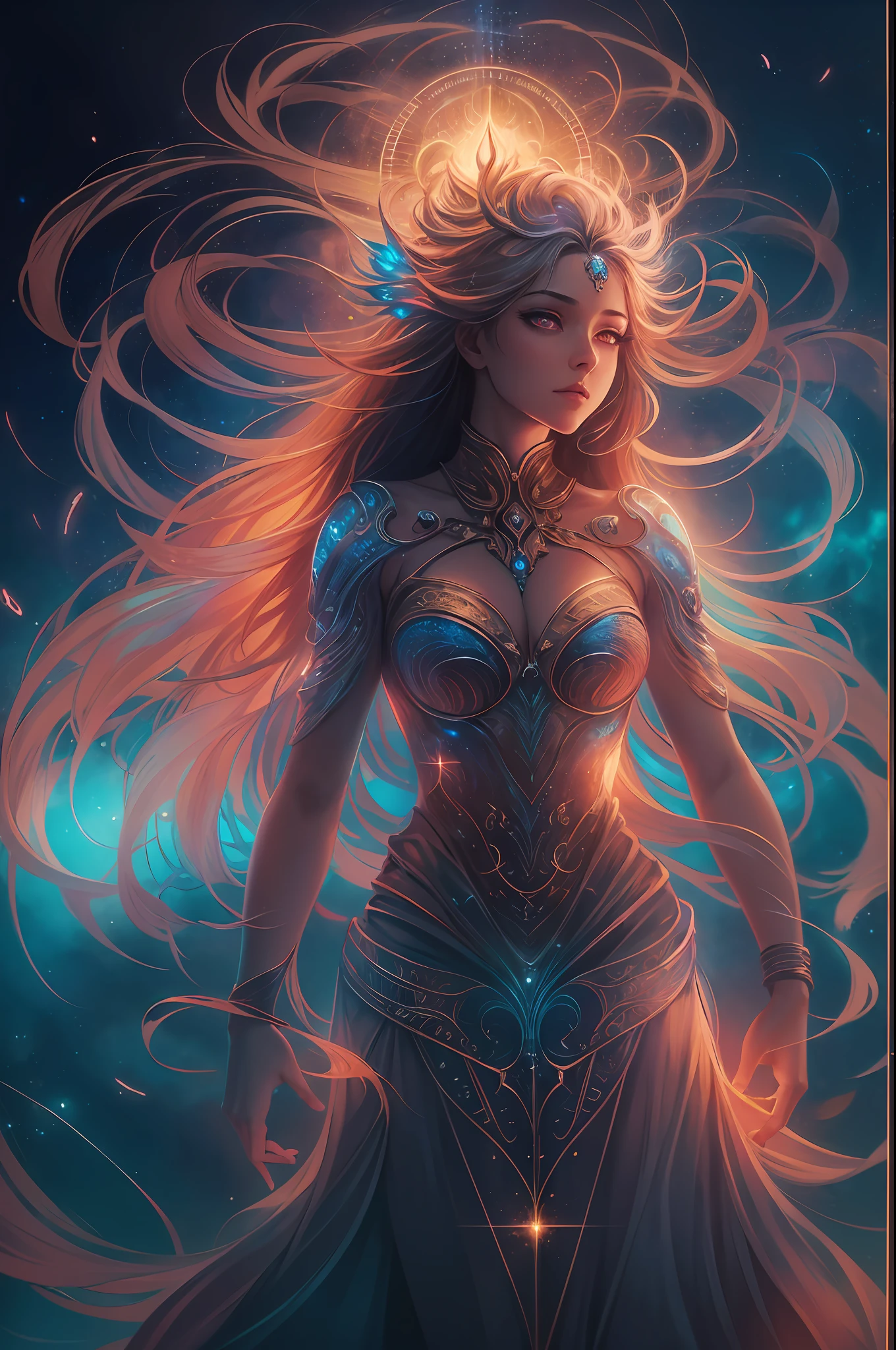 ((best quality)), ((masterpiece)), ((realistic)), portrait, 1girl, celestial, deity, goddess, light particles, halo, looking at viewer, (bioluminescent:0.95) flame, bioluminescence, phoenix, Vibrant, Colorful, Color, (Glow, Glow), (Beautiful Composition), Cinematic Lights, Intricate, (Symmetry: 0.5), Whimsical, Alien Planet