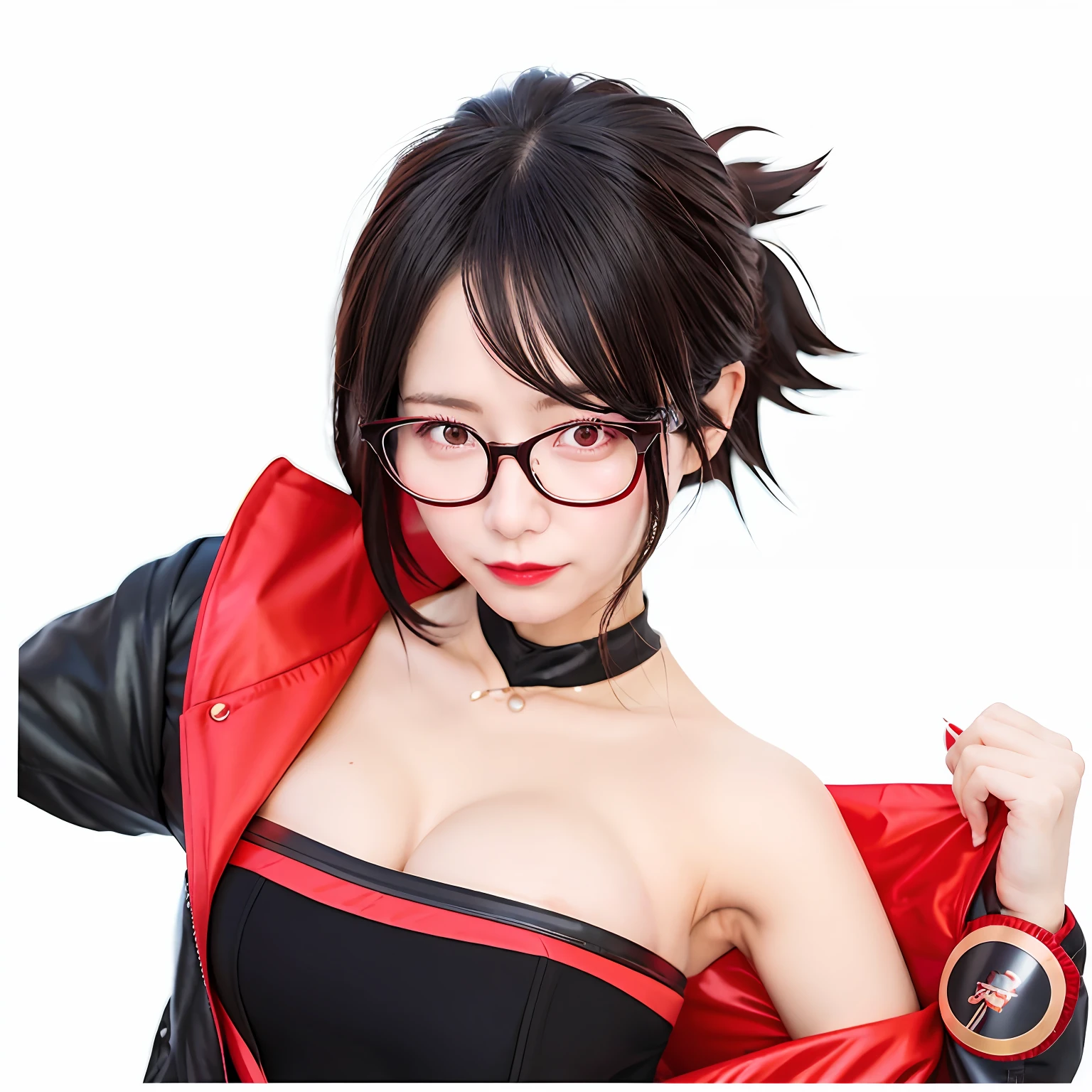 there is a woman with glasses and a red jacket posing, anime girl cosplay, anime cosplay, ryuko matoi, professional cosplay, rin, range murata and artgerm, with black eyeglasses, cosplay, junko enoshima, masayoshi suto and artgerm, with glasses, 2 b, 2b, attractive matoi ryuko