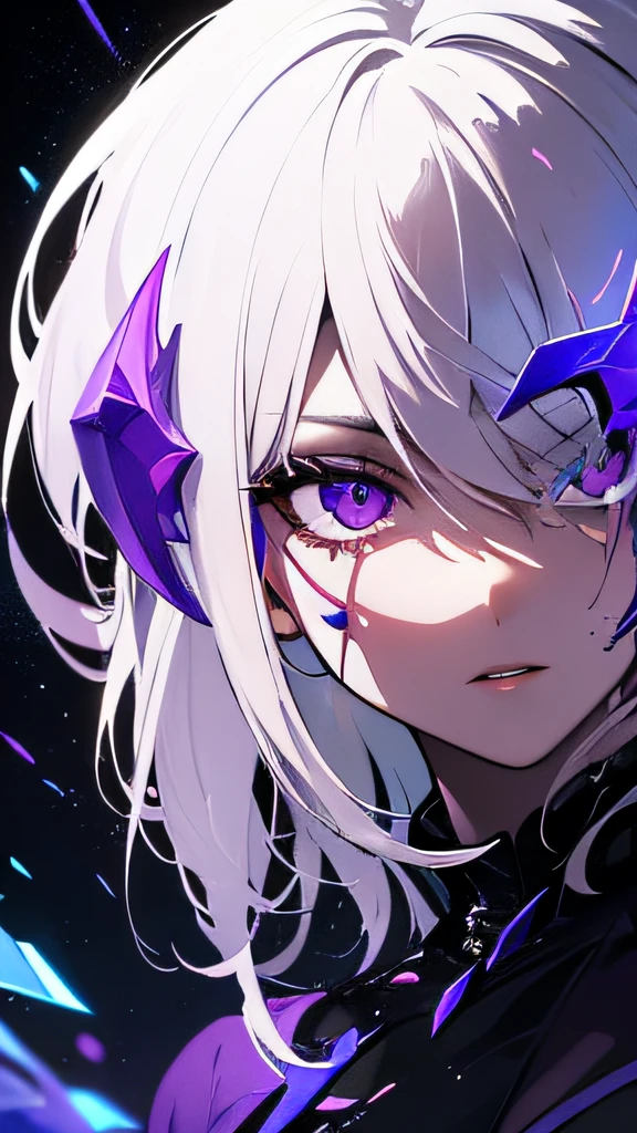 (masterpiece, best quality, ultra-detailed, best shadow), (detailed background,dark fantasy), (beautiful detailed face), high contrast, (best illumination, an extremely delicate and beautiful), ((cinematic light)), colorful, hyper detail, dramatic light, intricate details, (1girl, solo,white hair, sharp face,purple eyes, hair between eyes,dynamic angle), blood splatter, swirling black light around the character, depth of field,black light particles,(broken glass),magic circle,