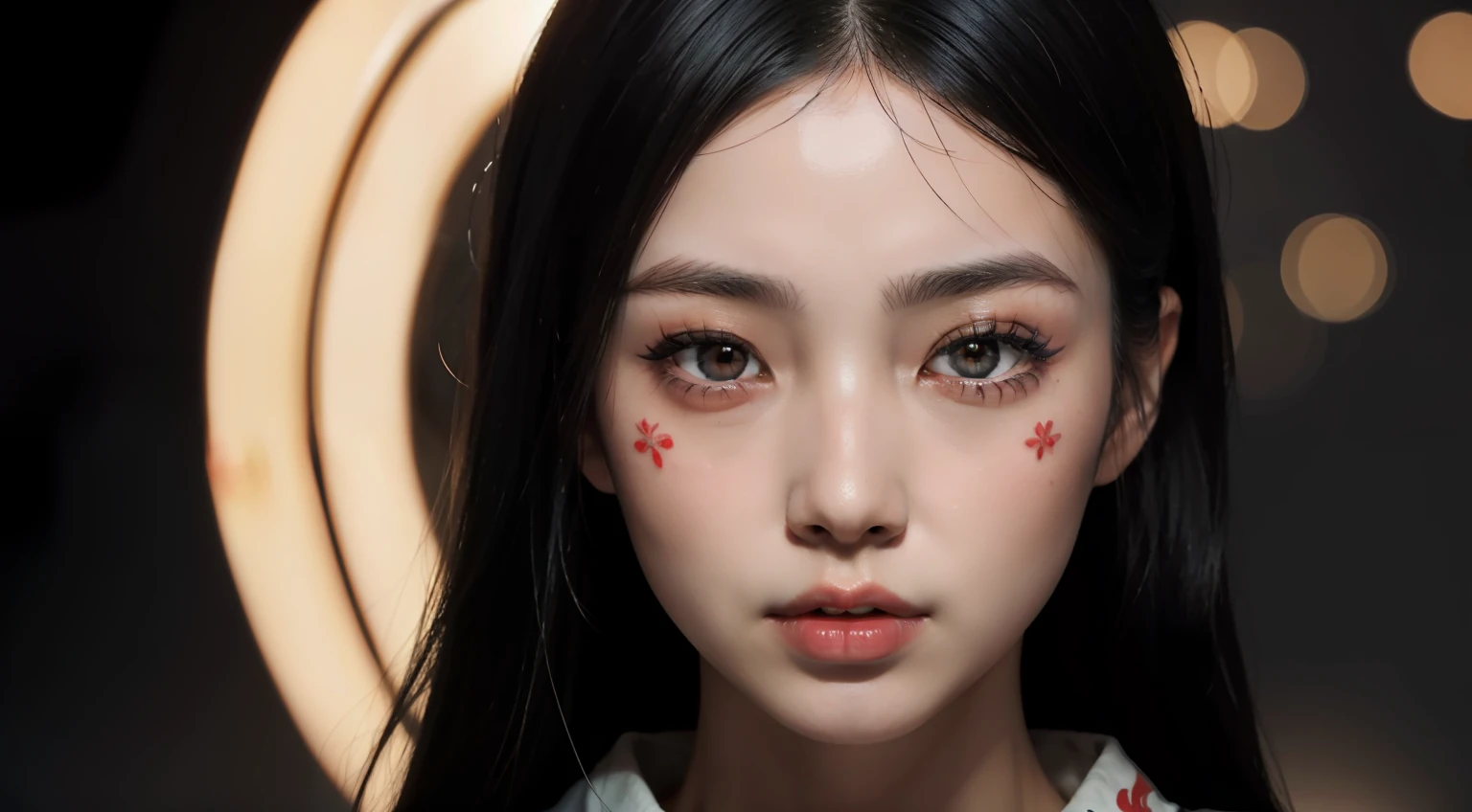 Japanese woman frontal face close up, beautiful, perfect face, modern geisha, fashion make up, staring at the camera, tattoed face, japanese tattoos on face, red lights, minimalistic background, ultra detailed, photorealistic, skin details, close up, ultra detailed eyes, masterpiece, photography, cyberpunk elements.