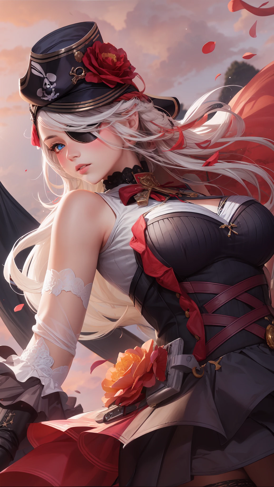 realistic, 1girl, white hair, blue eyes, glowing eyes, crop top, skirt, parted lips, blush, night, flowers, sun, sunlight, pirate eye patch