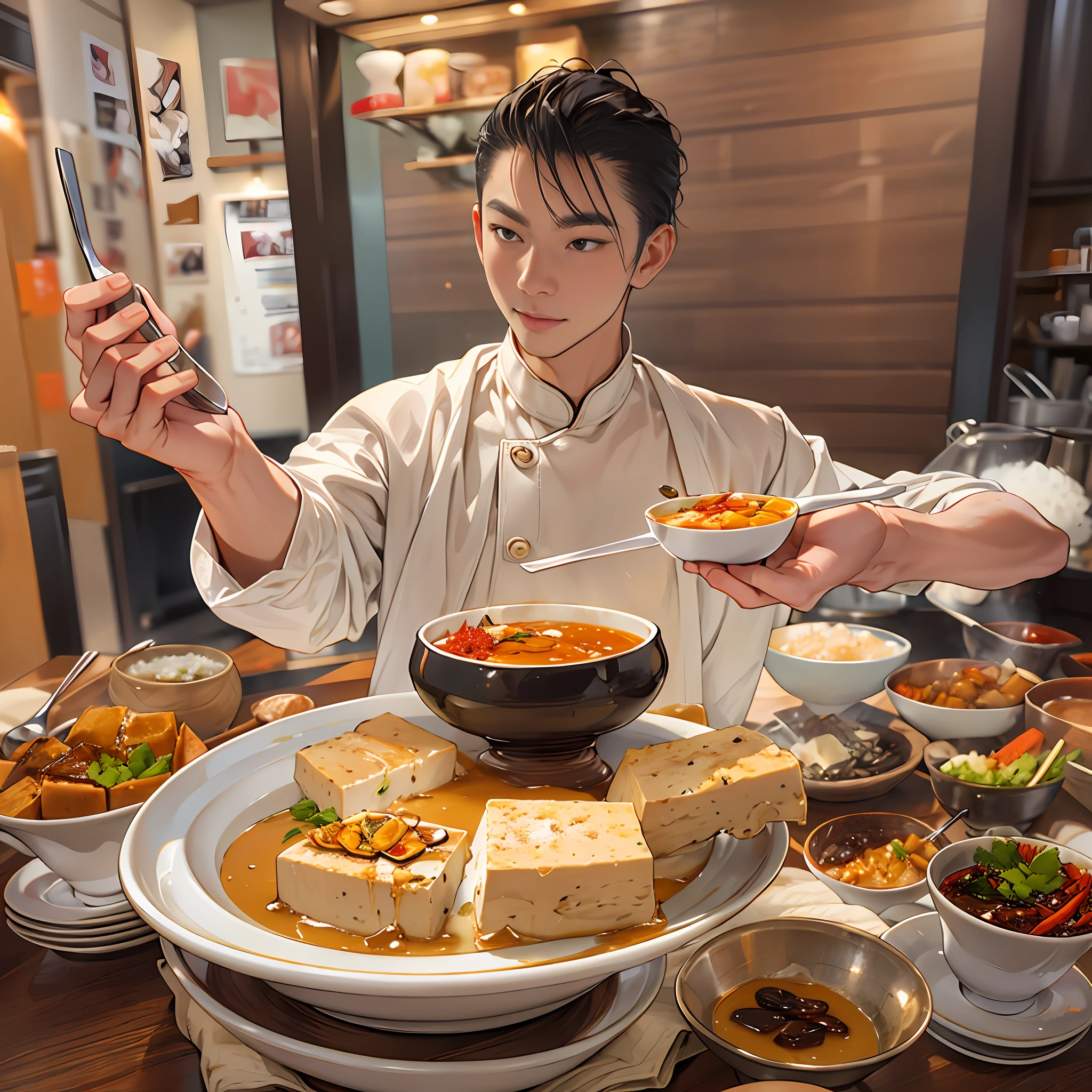 A person holding a bowl of expensive braised tofu pudding, with a bill worth 666 yuan in front of him, the braised tofu pudding is tender and tempting, the tofu is white and delicate, and the ingredients are rich, , 32k, best quality, masterpiece, super detail, high details,