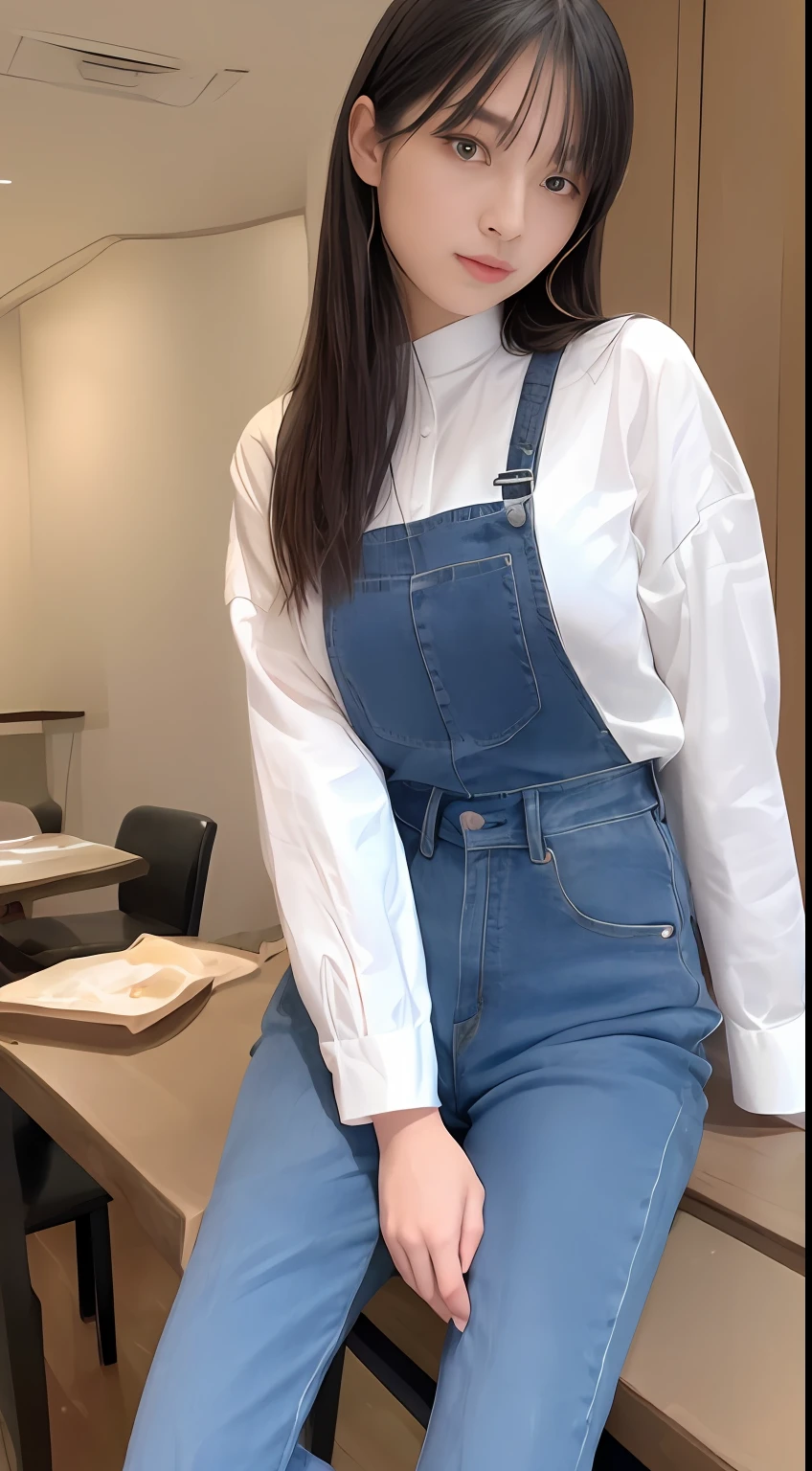 ((mid night、top-quality、8K、masterpiece:1.3)), full body Esbian, long legged, foco nítido:1.2, Beautiful woman with perfect body shape:1.4, Slender Abs:1.1, (Jean Bib, is standing:1.2), ((Night City View、)), Highly detailed facial and skin texture, A detailed eye, 二重まぶた、Plain clothe、resturant、30-years old、Lace tops and jeans、fashion magazine、Plain clothe、full body Esbian、Sitting on a chair in front of a dish in a restaurant、